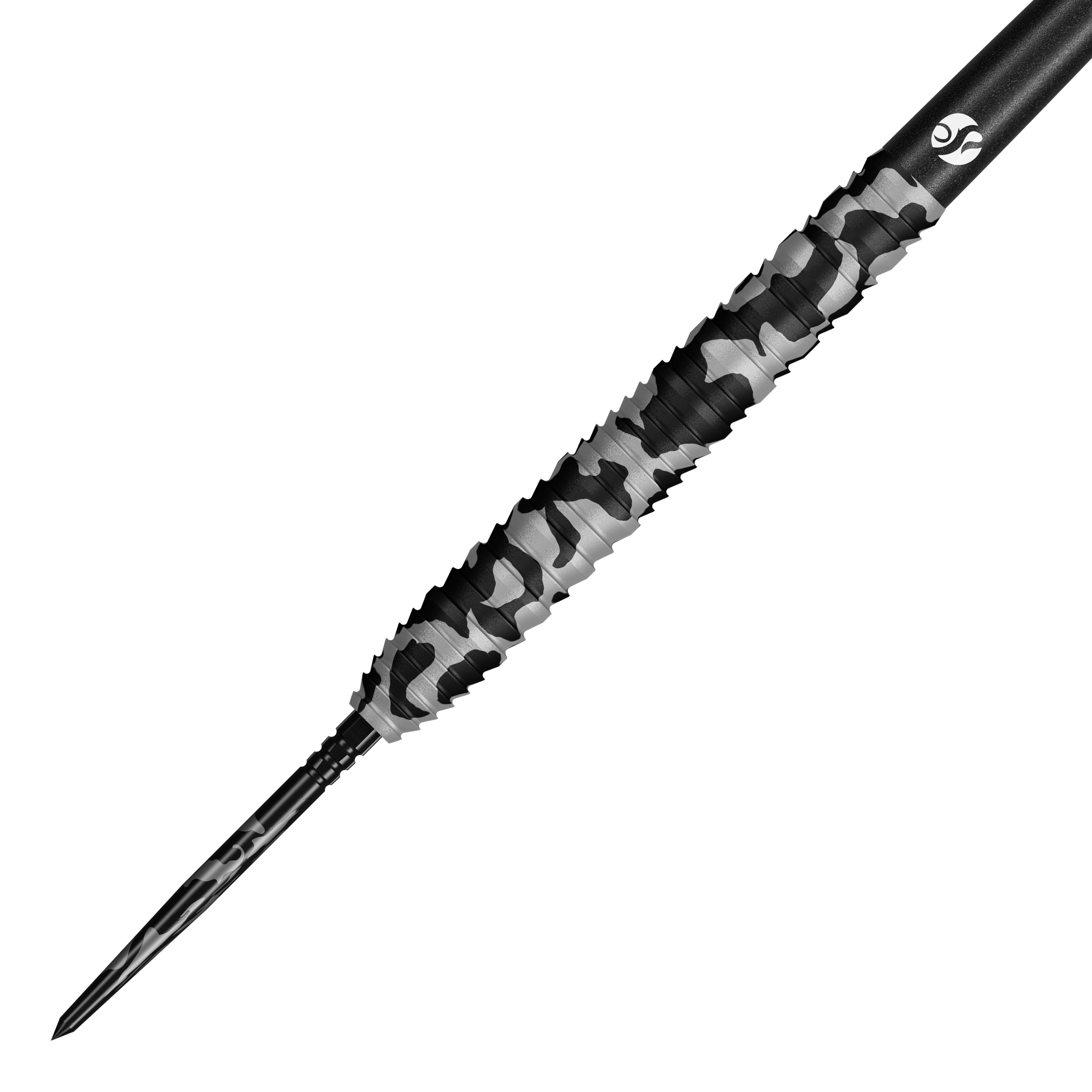 Shot Camo Polar Turbo Point Steeldarts Drei Dartpfeile mit besonderem Schaftdesign liegen parallel zueinander. Die Pfeile haben metallische Spitzen.