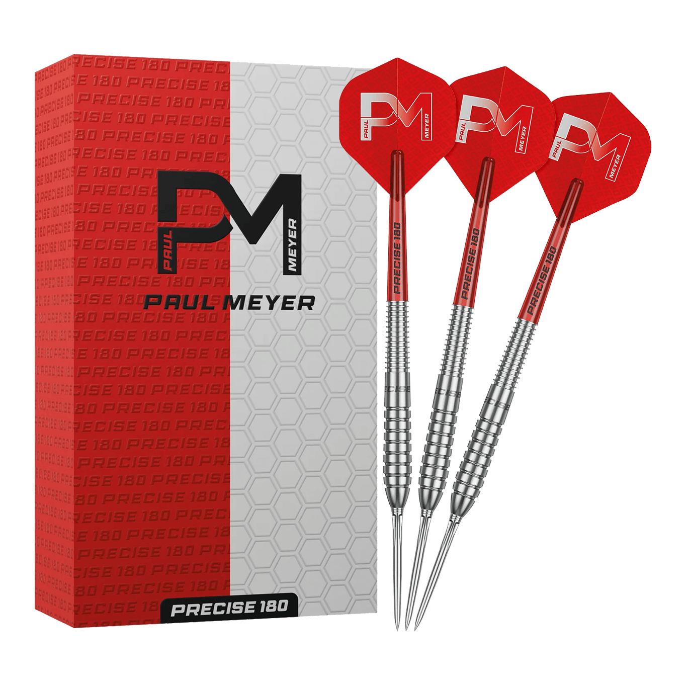 Das Bild zeigt die Precise 180 Paul Meyer Version 1 Steeldarts. Ein Satz Steeldarts, ideal für Dartspieler.