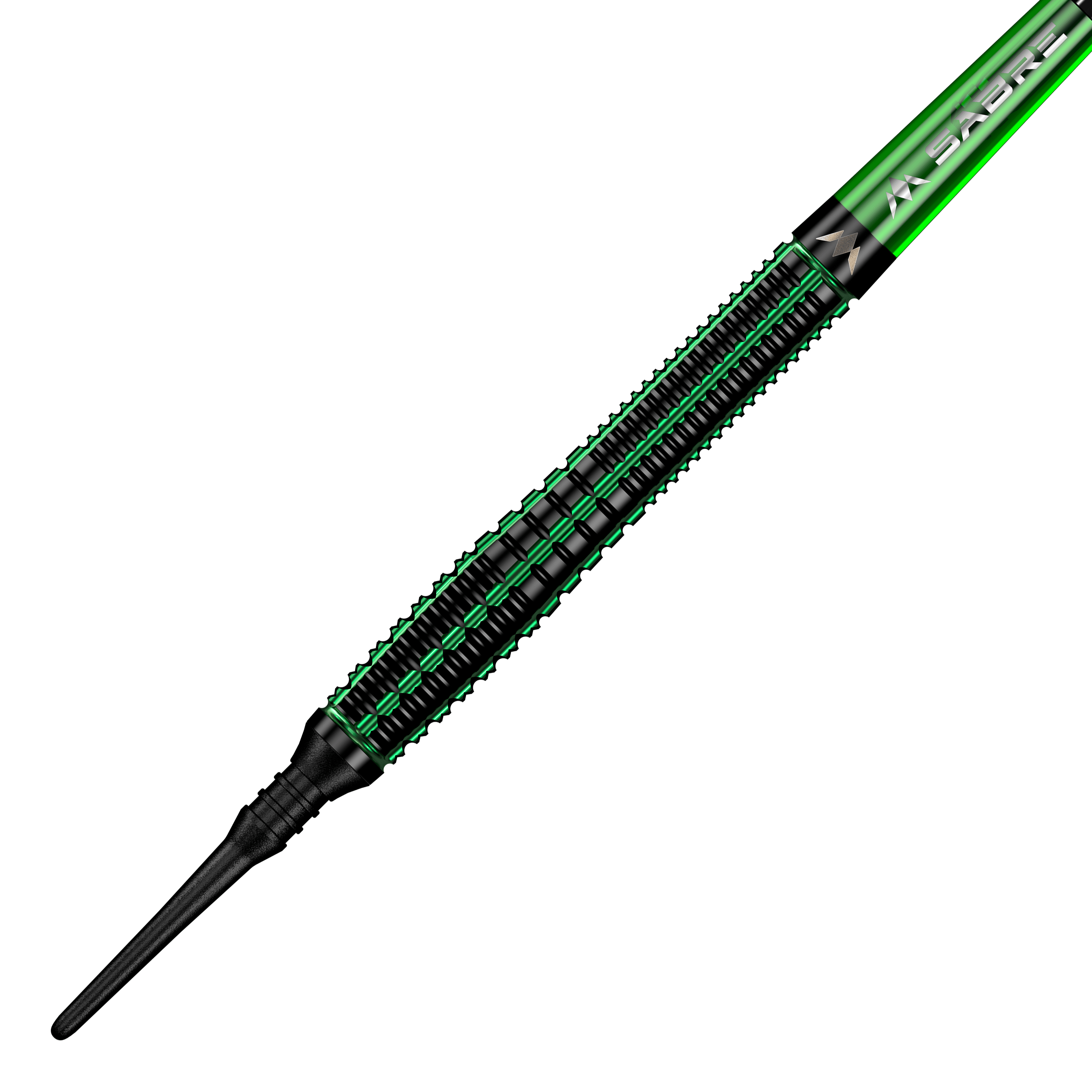 Das Bild zeigt einen Mission Venom Softdart mit einem Gewicht von 20 Gramm. Der Dart ist überwiegend schwarz mit grünen Akzenten und einem schlanken Design.