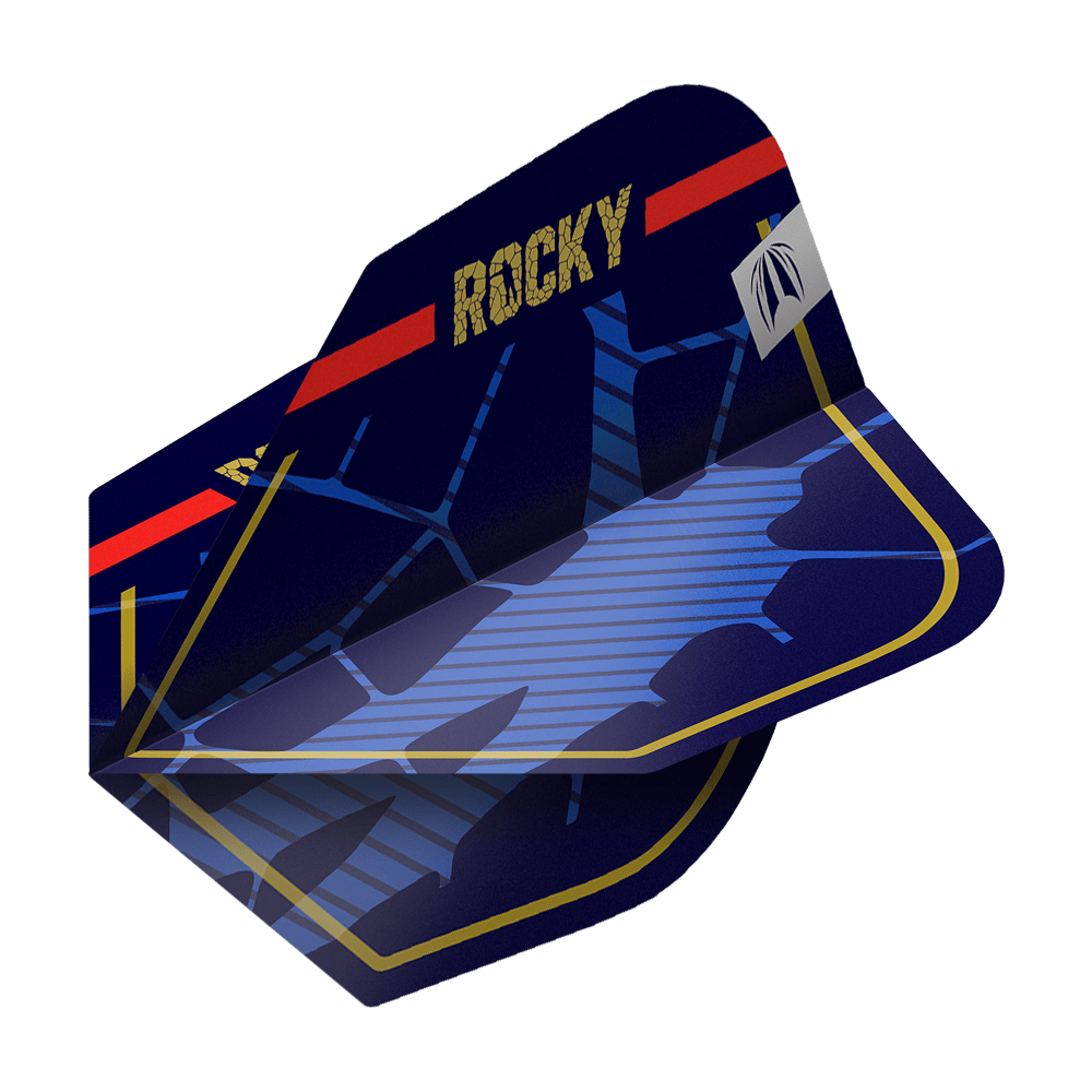 Target Pro Ultra Josh Rock GEN1 No6 Flights - 3 Sets Das Bild zeigt das Produkt "Target Pro Ultra Josh Rock GEN1 No6 Flights - 3 Sets". Die Dartflights sind dunkelblau mit goldener Umrandung, rotem Streifen und der Aufschrift "ROCKY".
