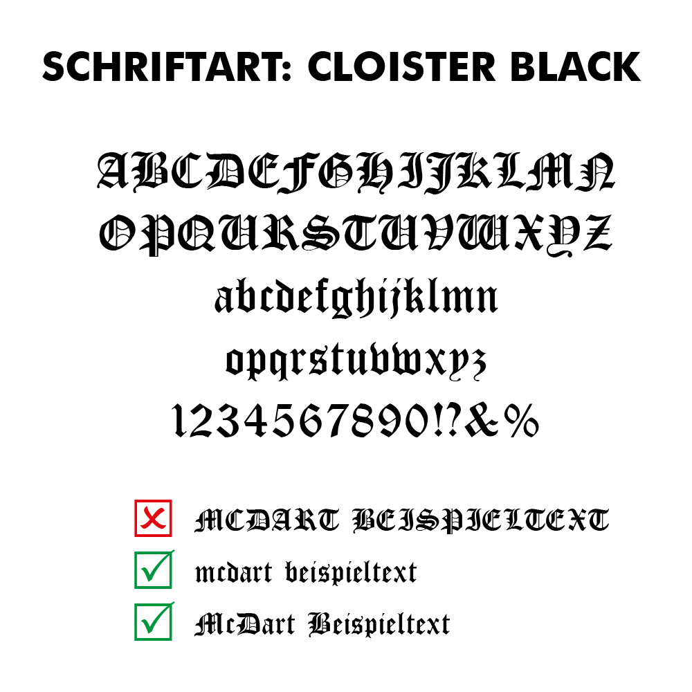 Flightdruck_Schriftart_Cloister_Blackl3d9bpUNQXPwy Das Bild zeigt das Alphabet, Zahlen und Sonderzeichen in der Schriftart "Cloister Black". Unten werden korrekte und falsche Schreibweisen mit Häkchen und Kreuz dargestellt.
