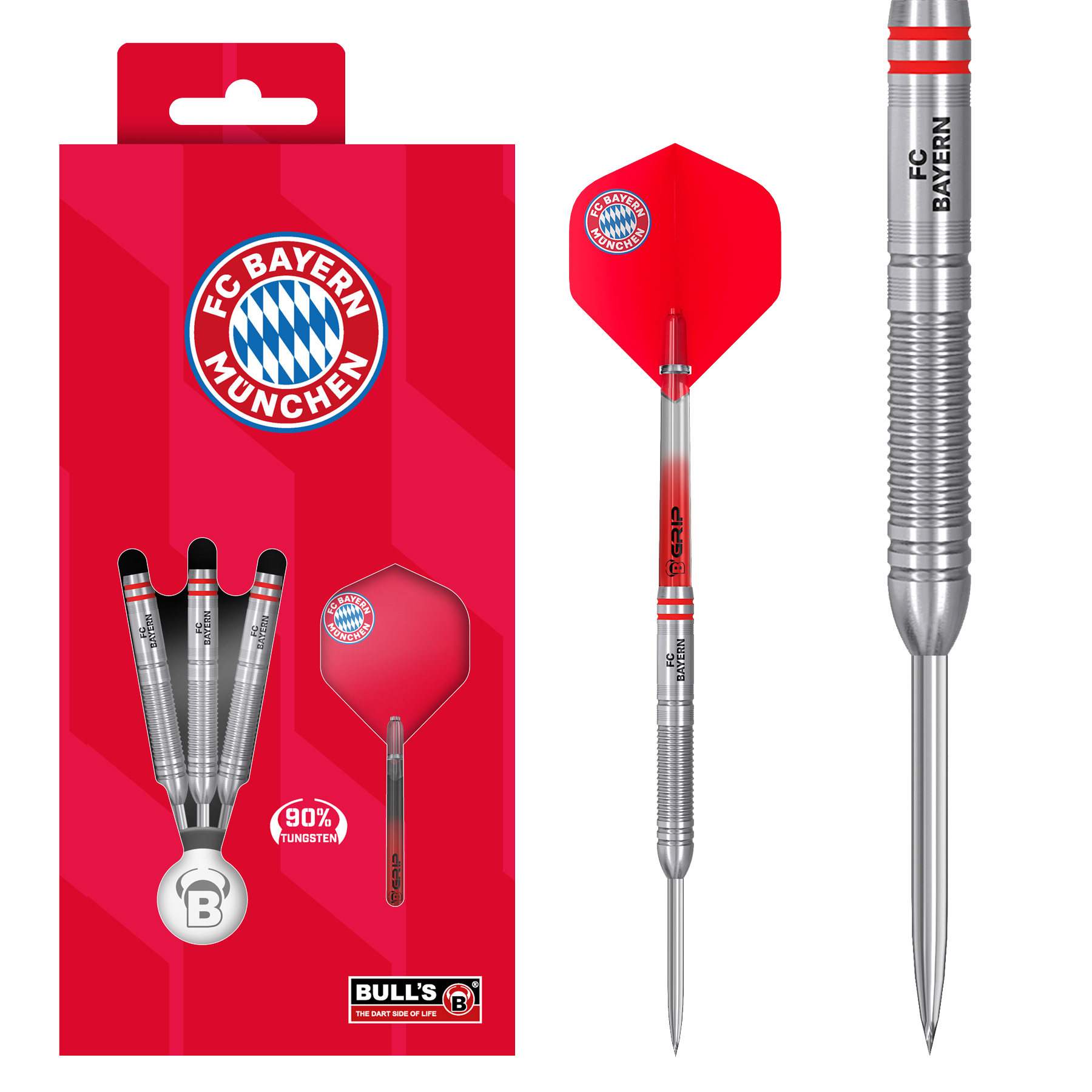 Zu sehen sind die Bulls FC Bayern München Tungsten Steeldarts. Das Produkt spricht Dartspieler und Bayern München Fans an.