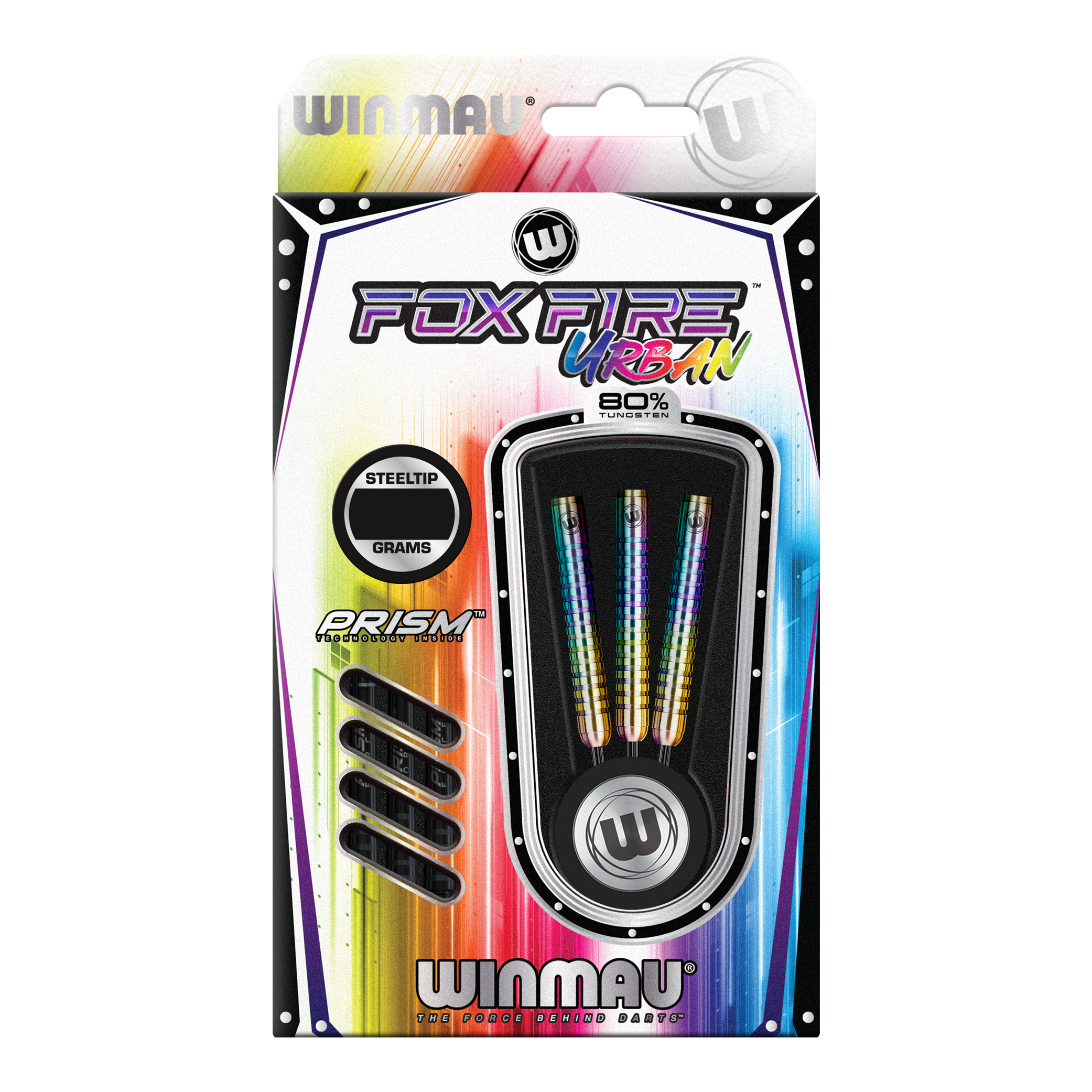 Winmau Foxfire Urban steel darts Das Bild zeigt die Verpackung der "Winmau Foxfire Urban Steeldarts". Die Darts haben ein buntes Design und bestehen zu 80 % aus Wolfram.