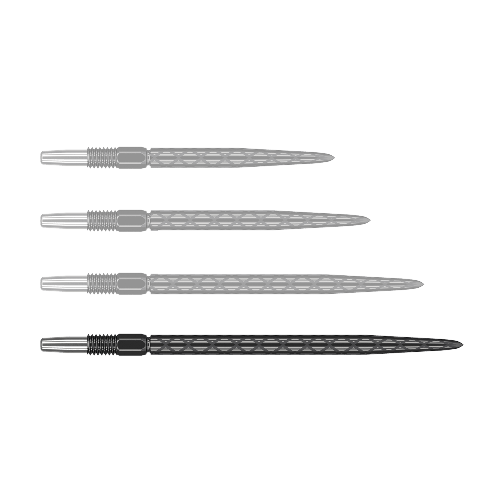 Target Swiss Diamond Pro Black Points dart tips Auf dem Bild sind vier schwarze Dartspitzen mit einem diamantförmigen Muster zu sehen. Sie sind in einer waagerechten Reihe angeordnet.