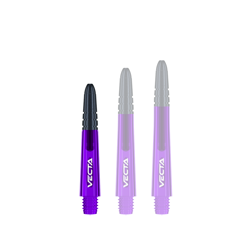 Winmau Vecta Shafts - Purple Black Das Bild zeigt drei lilafarbene Dartschäfte mit schwarzen Spitzen. Auf jedem Schaft steht das Wort "VECTA" in weißer Schrift.