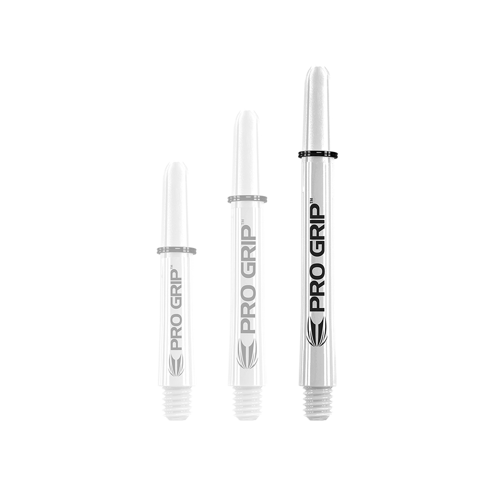 Target Pro Grip Shafts - 3 Sets - Red Blue White Das Bild zeigt drei unterschiedlich lange, weiße Dart-Schäfte mit der Aufschrift "PRO GRIP". Sie stehen nebeneinander aufrecht vor weißem Hintergrund.