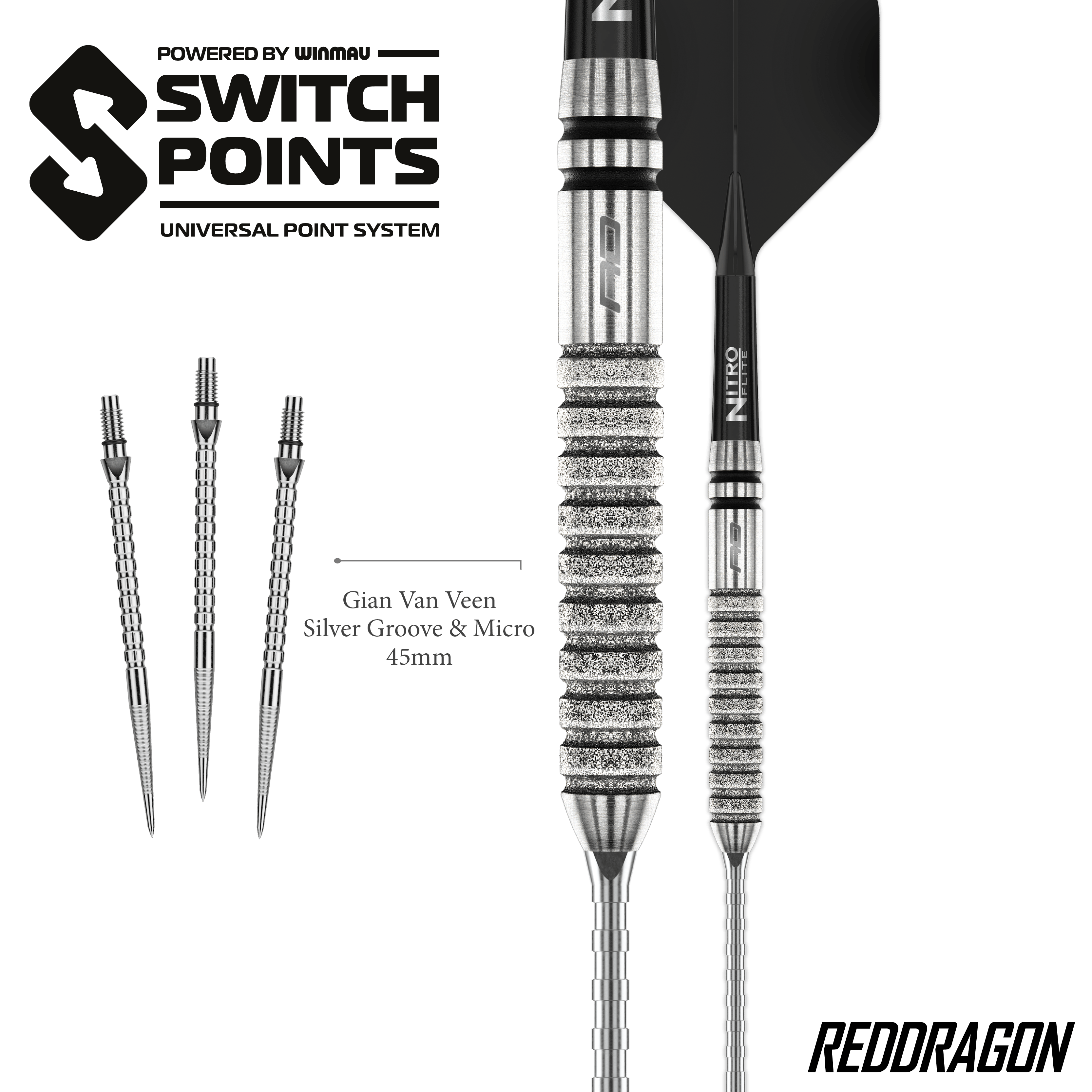 Red Dragon Gian Van Veen Tour Edition Switch Point Steeldarts - 21g Gezeigt werden die Red Dragon Gian Van Veen Tour Edition Switch Point Steeldarts - 21g aus einer anderen Perspektive. Das Design ist sportlich und funktional.