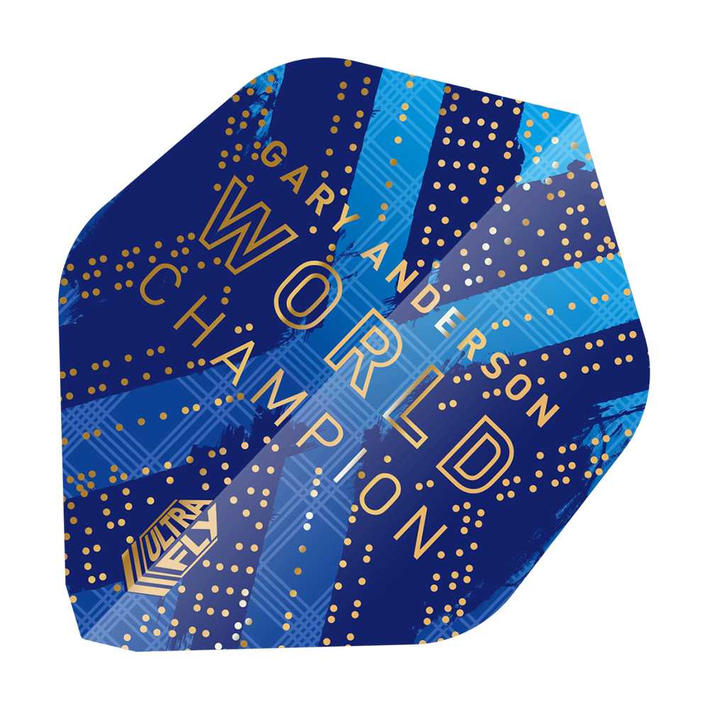 69453_Unicorn_World_Champion_Gary_Anderson_Phase_6_AR1_Flights_2 Das Bild zeigt einen blauen Dartflight mit goldenen Punkten und der Aufschrift "Gary Anderson World Champion". Im unteren Bereich ist das "Ultra Fly" Logo zu sehen.