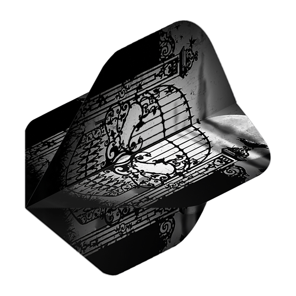 Alchemy Abandon All Hope No2 Standard Flights Das Bild zeigt einen Dartflight mit einem kunstvollen, schwarzen Tor-Design vor einem Vollmond. Die Farben sind hauptsächlich schwarz und grau gehalten, was dem Flight ein mystisches Aussehen verleiht.