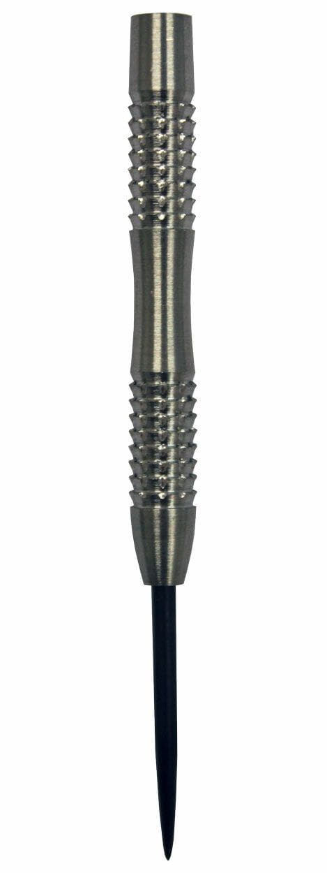 mcggst2 Das Bild zeigt das Produkt "Giga Grip Steel Barrels 2". Es handelt sich um ein silbernes Dart-Barrel aus Metall mit strukturierter Griffzone und einer schwarzen Spitze.