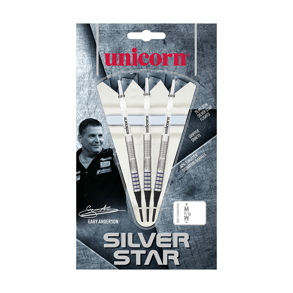04771_Unicorn_Silver_Star_Var2_Gary_Anderson_Softdarts_3 Das Bild zeigt eine Packung „Unicorn Silver Star Var.2 Gary Anderson Softdarts“. Auf der Verpackung sind drei Softdarts und ein Foto von Gary Anderson abgebildet.