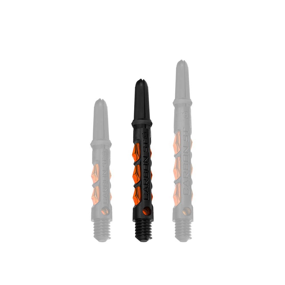 HR429_Harrows_Carbon_ST_Shafts_Orange_40mm_1QUzP4v3nomhOa Das Bild zeigt drei Harrows Carbon ST Shafts in der Farbe Orange. Die Dartschäfte sind in verschiedenen Längen nebeneinander angeordnet.