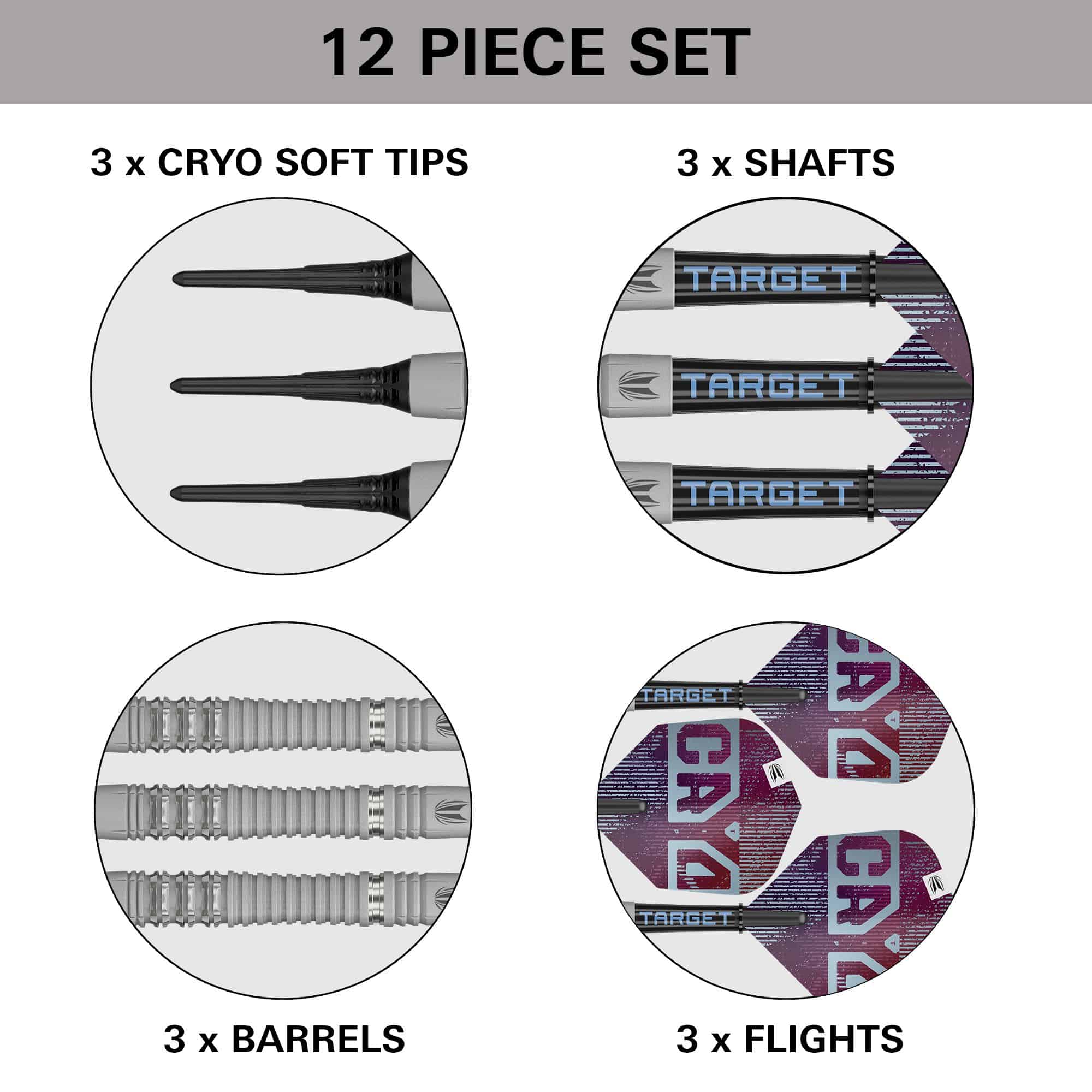 Hier sieht man die Target Cryo 13 Softdarts. Das Produkt ist detailliert fotografiert, damit die Qualität erkennbar ist.