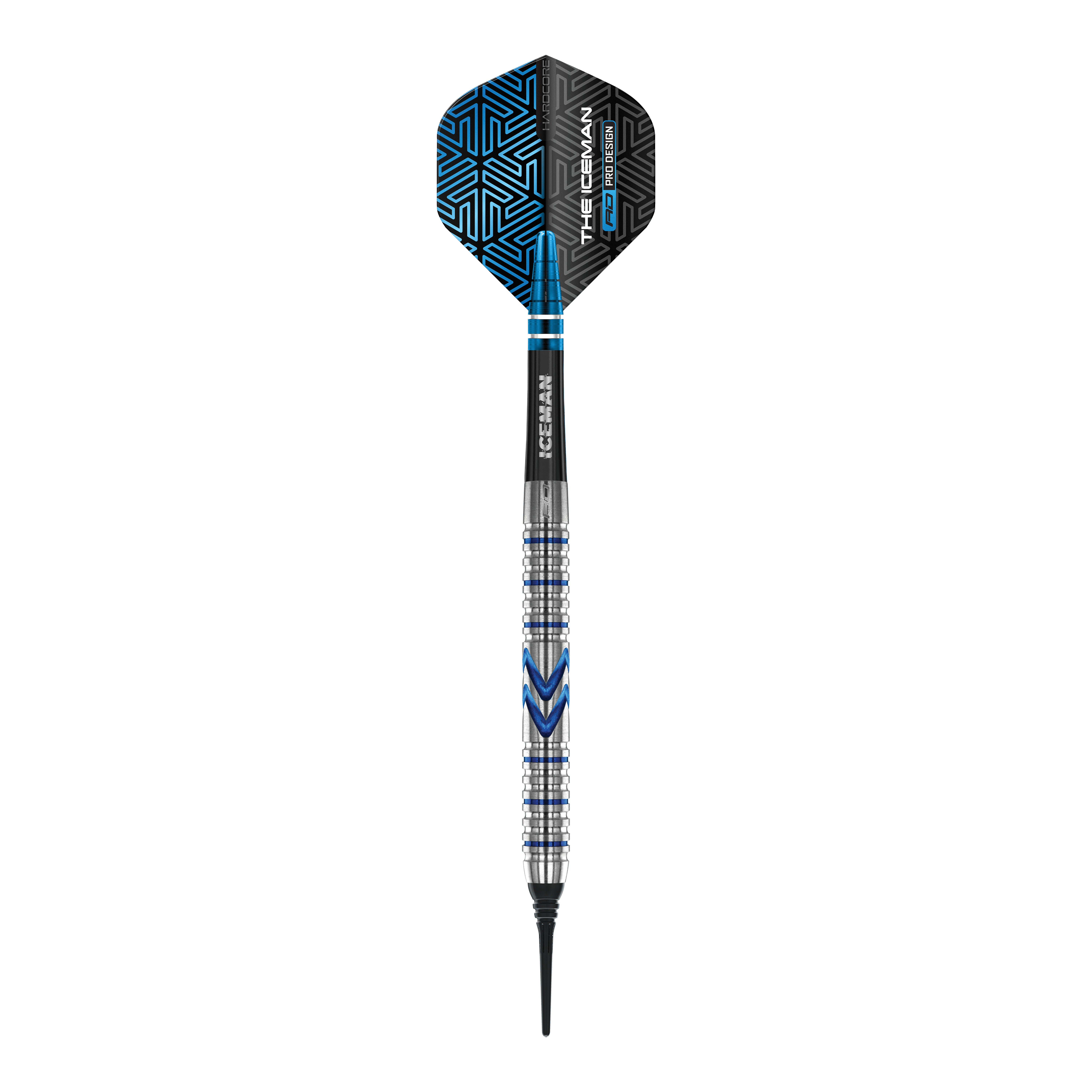 Red Dragon Gerwyn Price Iceman Midnight Edition Soft Darts - 20g Der abgebildete Softdart ist der "Red Dragon Gerwyn Price Iceman Midnight Edition" mit einem Gewicht von 20g. Er hat ein modernes Design mit silbernen und blauen Akzenten sowie einer schwarzen Flights mit blauen Mustern.