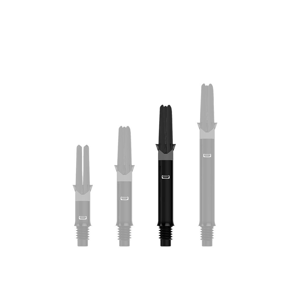 Das Bild zeigt drei schwarze Dartschäfte in unterschiedlichen Längen. Sie stehen nebeneinander auf einem transparenten Hintergrund.