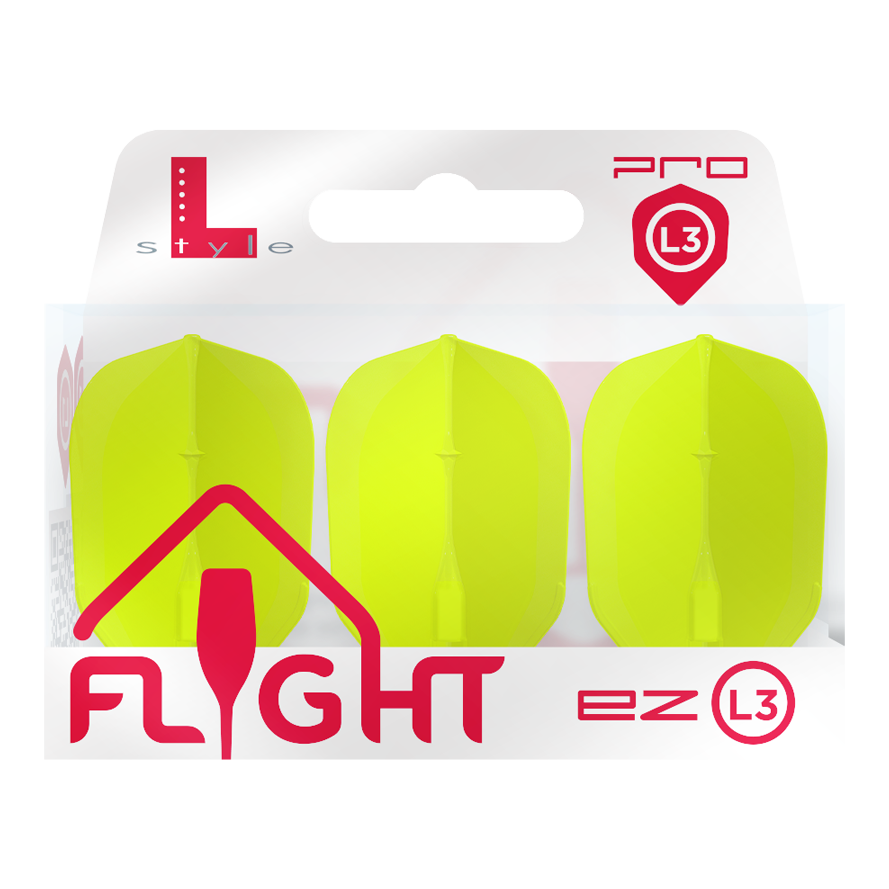 Das Bild zeigt eine Packung mit drei neon-gelben Dart-Flights der Marke L-Style. Auf der Verpackung steht „FLIGHT ez L3 Pro“.