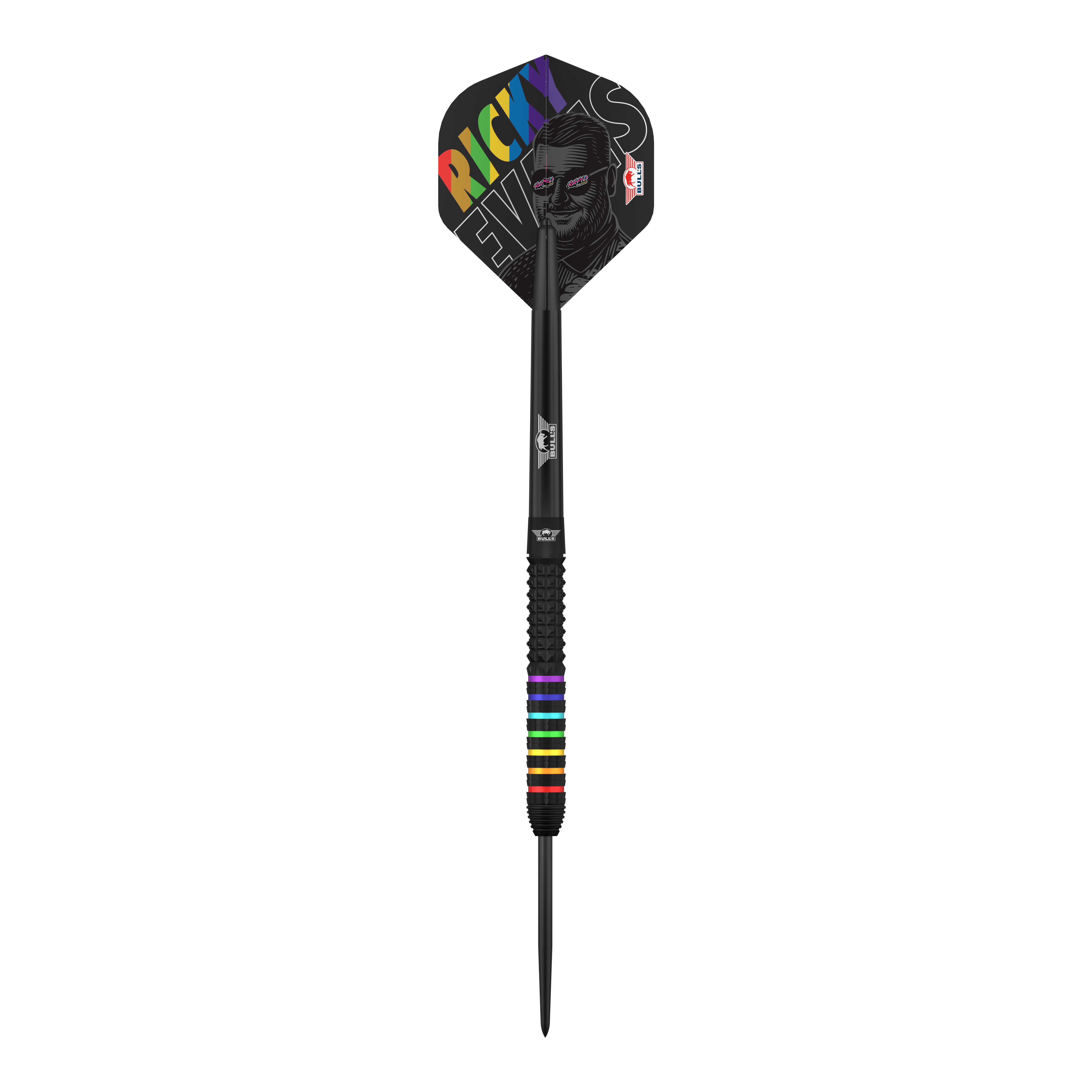 Zu sehen ist das Produkt Bulls NL Ricky Evans Rapid 95 Steeldarts - 23g. Die Aufnahme fokussiert auf die Optik des Dartpfeils.