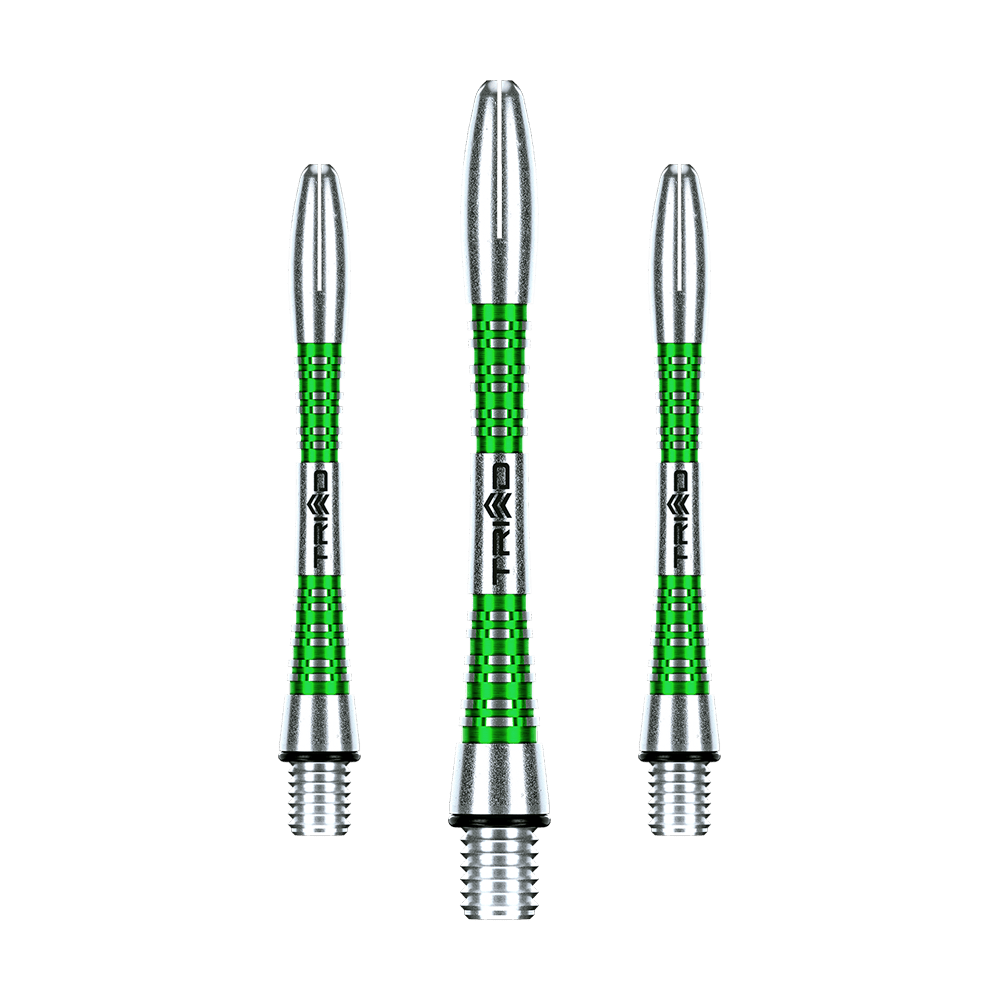 7013-403_Winmau_Triad_Aluminium_Shafts_Gr-n_41mm_1LUSPmNeAebMpS Winmau Triad Aluminium Shafts einzeln angeordnet. Die Schäfte zeigen geradlinige Strukturen.