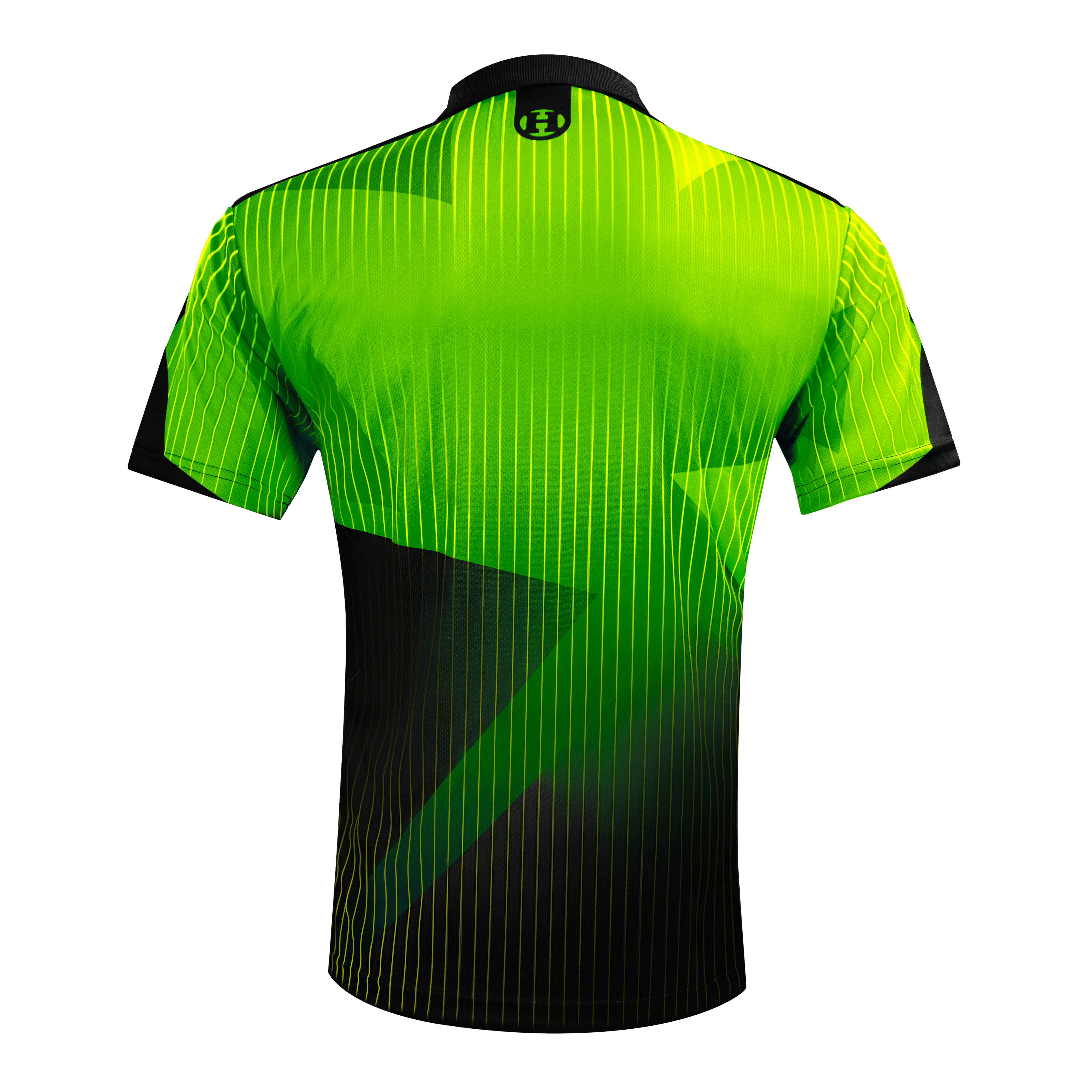 Harrows Shard Dartshirt - Grün Das Bild zeigt dasselbe Harrows Shard Dartshirt aus einer anderen Perspektive. Die Nähte und Details sind sichtbar.