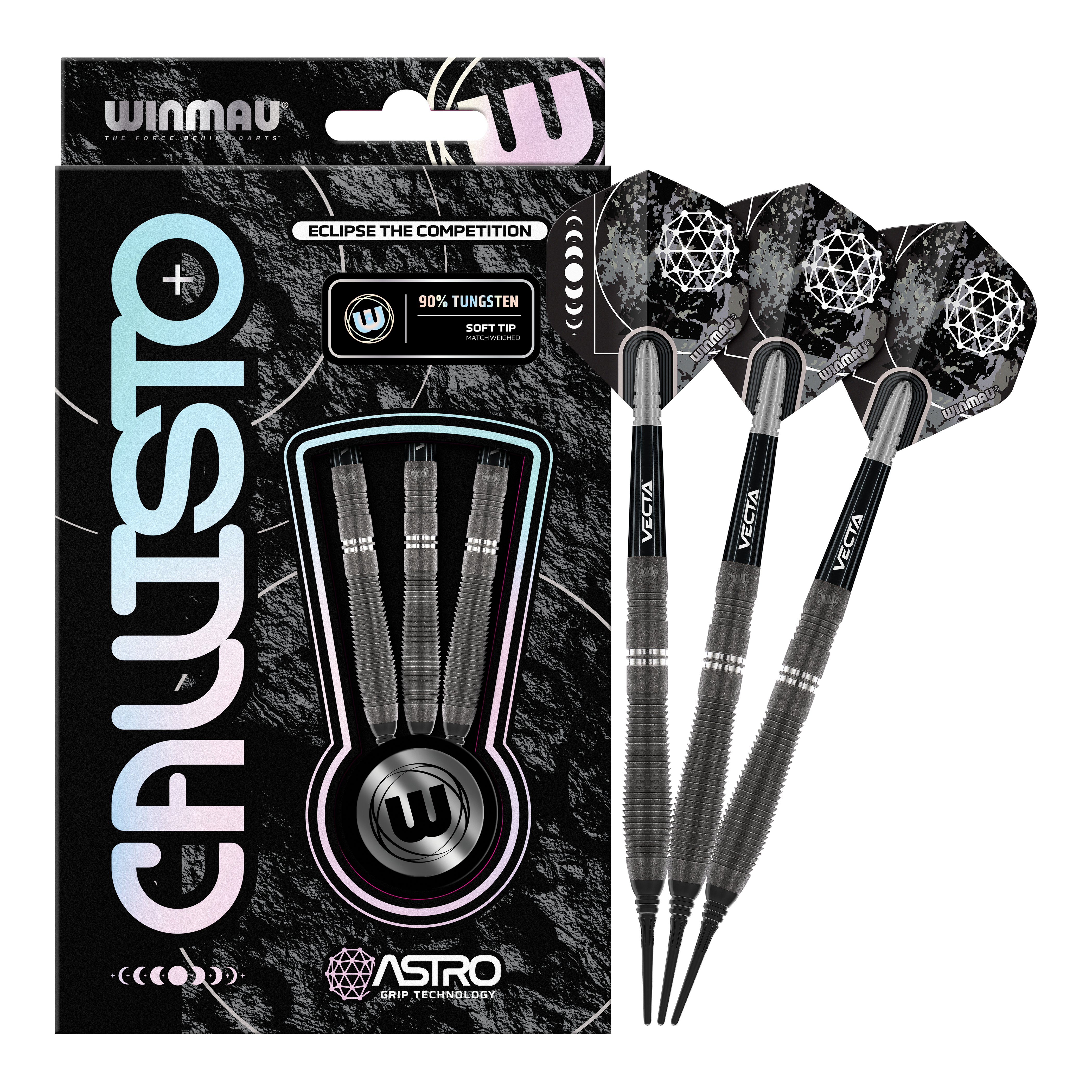 Winmau Callisto 02 soft darts - 20g Das Bild zeigt die Winmau Callisto 02 Softdarts mit einem Gewicht von 20 Gramm. Die Verpackung enthält drei Darts mit schwarzen Schäften und auffälligen Flights.