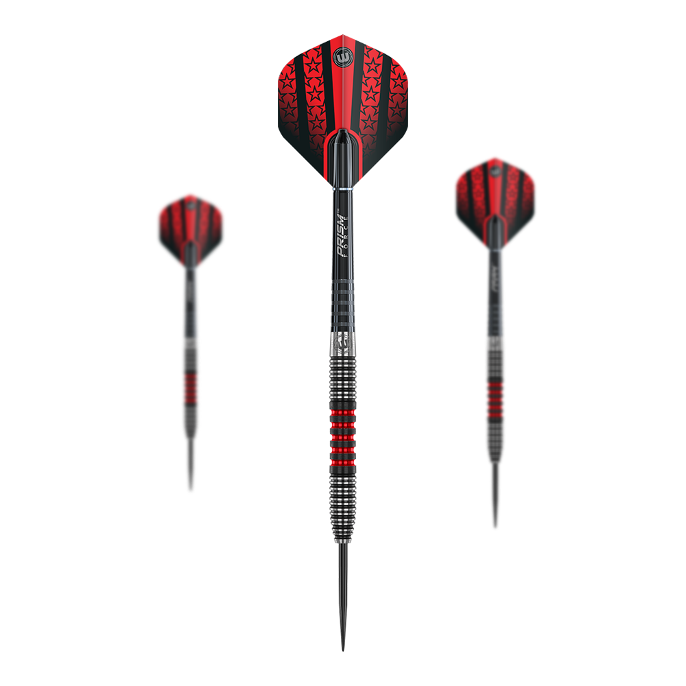 Winmau Joe Cullen steel darts Das Bild zeigt drei Winmau Joe Cullen Steeldarts mit schwarzen und roten Designelementen. Die Flights sind mit Sternmustern verziert und die Griffe haben silberne und rote Ringe.