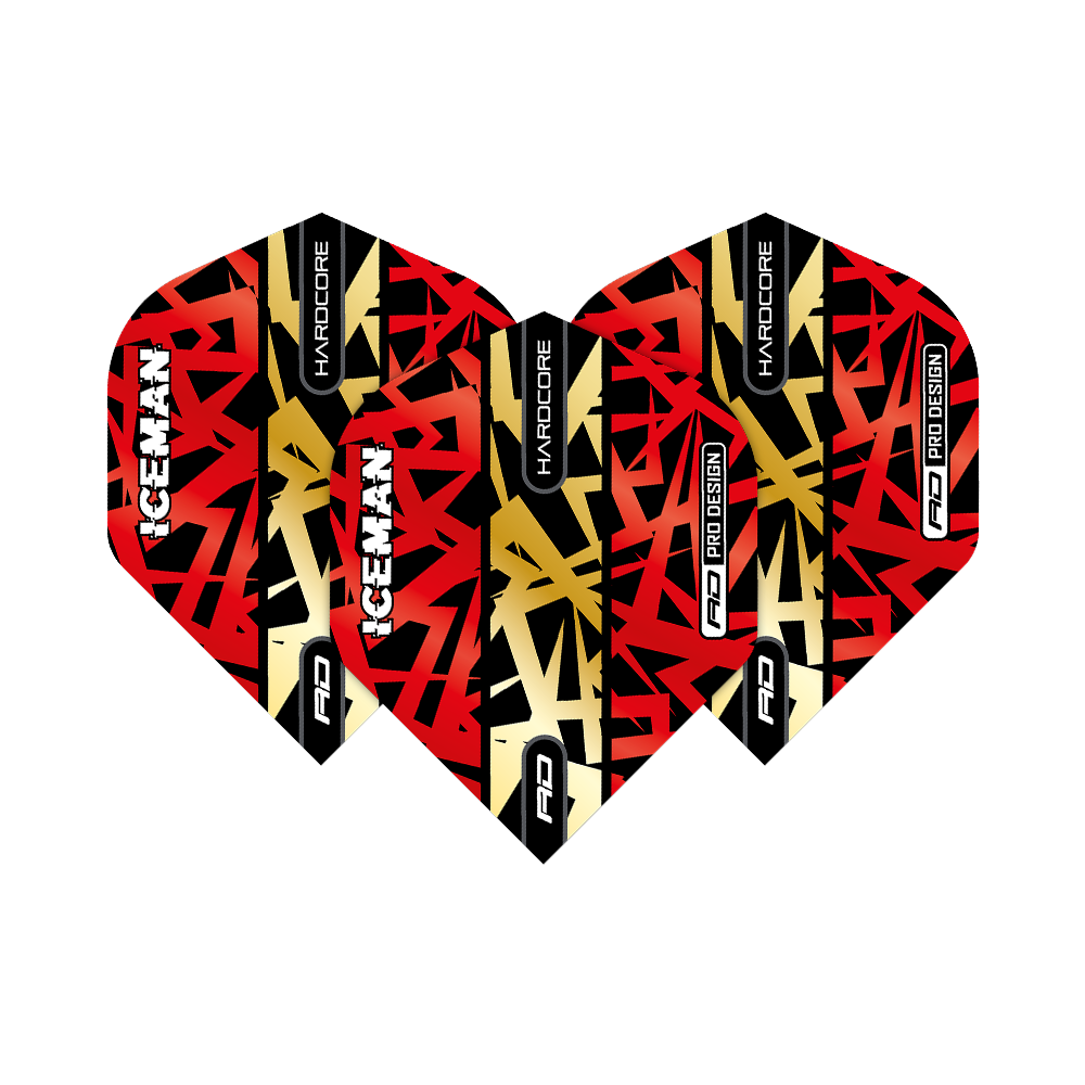 Das Bild zeigt drei Dartflights in den Farben Rot, Gold und Schwarz mit auffälligem Muster. Auf den Flights stehen die Wörter "ICEMAN", "HARDCORE" und "RD PRO DESIGN".