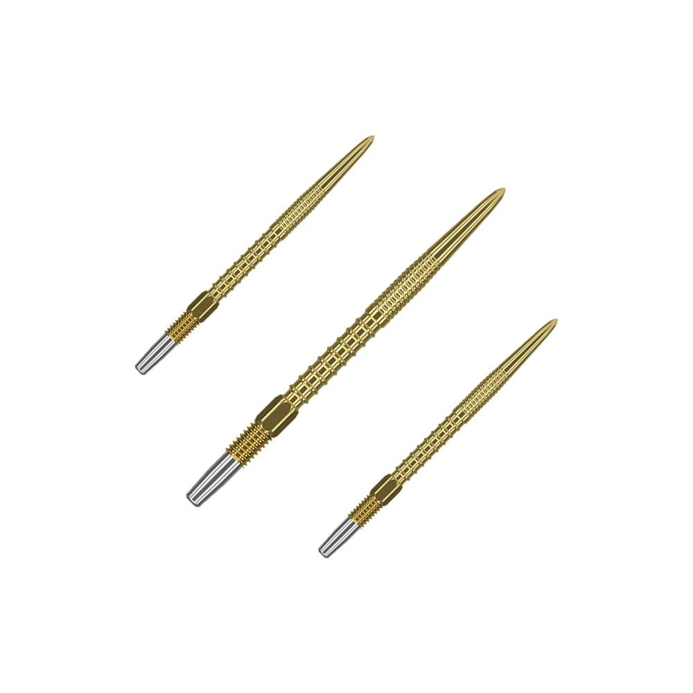 Target Swiss Firepoint Gold dart tips Das Bild zeigt drei goldfarbene Dartspitzen mit silbernem Gewinde am Ende. Sie sind schlank und haben eine strukturierte Oberfläche für besseren Halt.