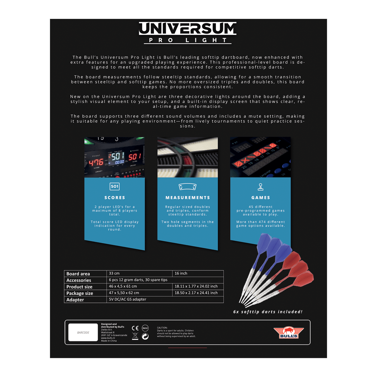 Bulls NL Universum Pro Light Electronic Dartboard - Blue Red Auf dem Bild ist das Bulls NL Universum Pro Light Elektronisches Dartboard - Blau Rot zu sehen. Es eignet sich perfekt für Darts-Spiele zu Hause.