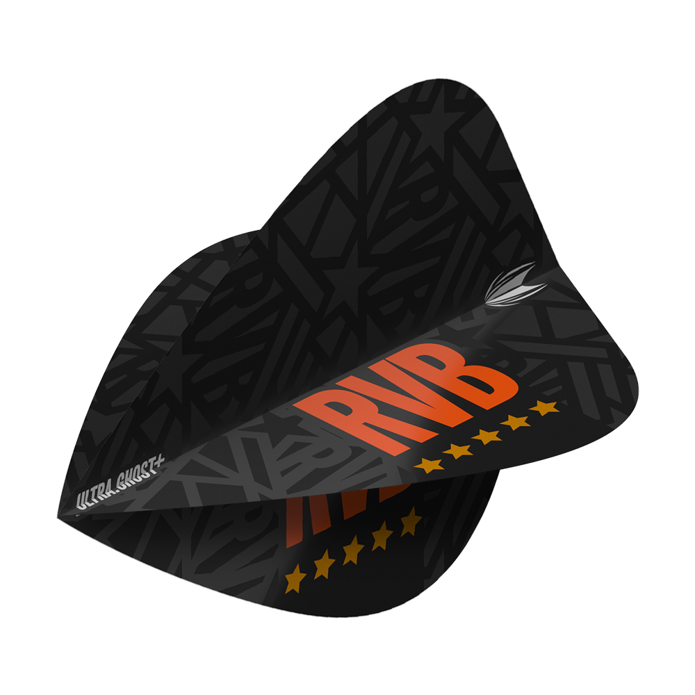 Das Bild zeigt das Produkt "Target UltraGhost Raymond Van Barneveld GEN2 Kite Flights". Die Dartflights sind schwarz mit orangenen Buchstaben "RVB" und gelben Sternen bedruckt.