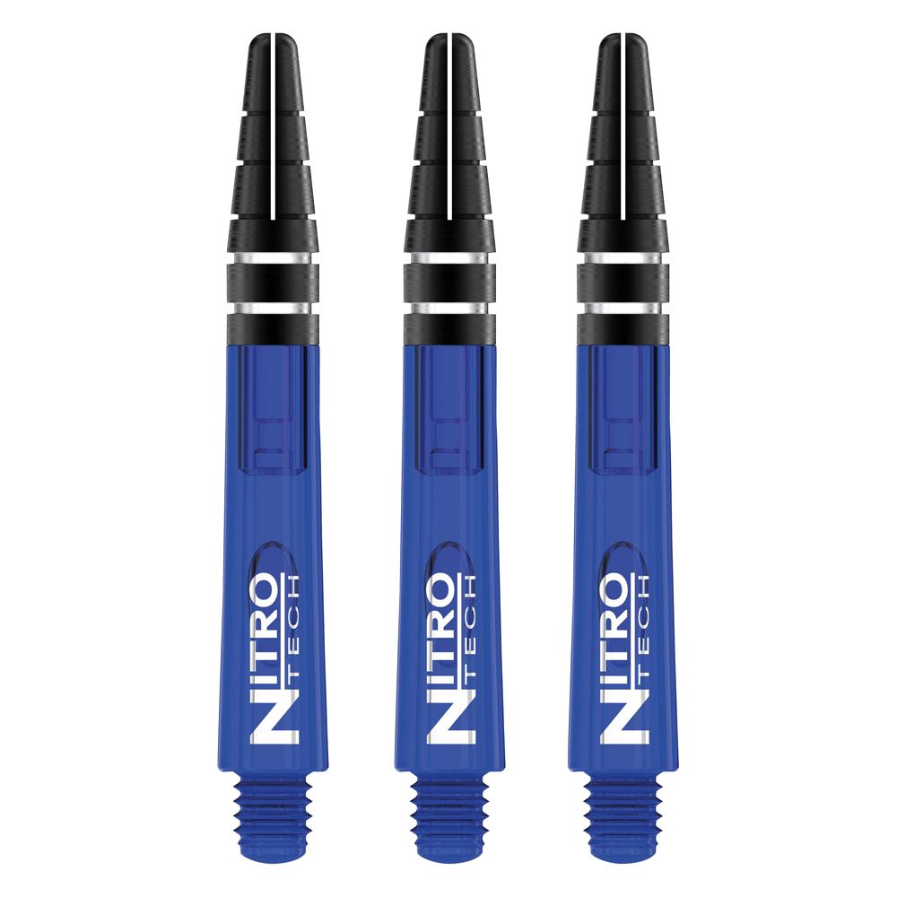 C444_Nitrotech_Short_Blue_V Das Bild zeigt drei blaue RedDragon Nitrotech Shafts. Sie sind mit schwarzen und silbernen Akzenten gestaltet und haben den Schriftzug "Nitro Tech" aufgedruckt.