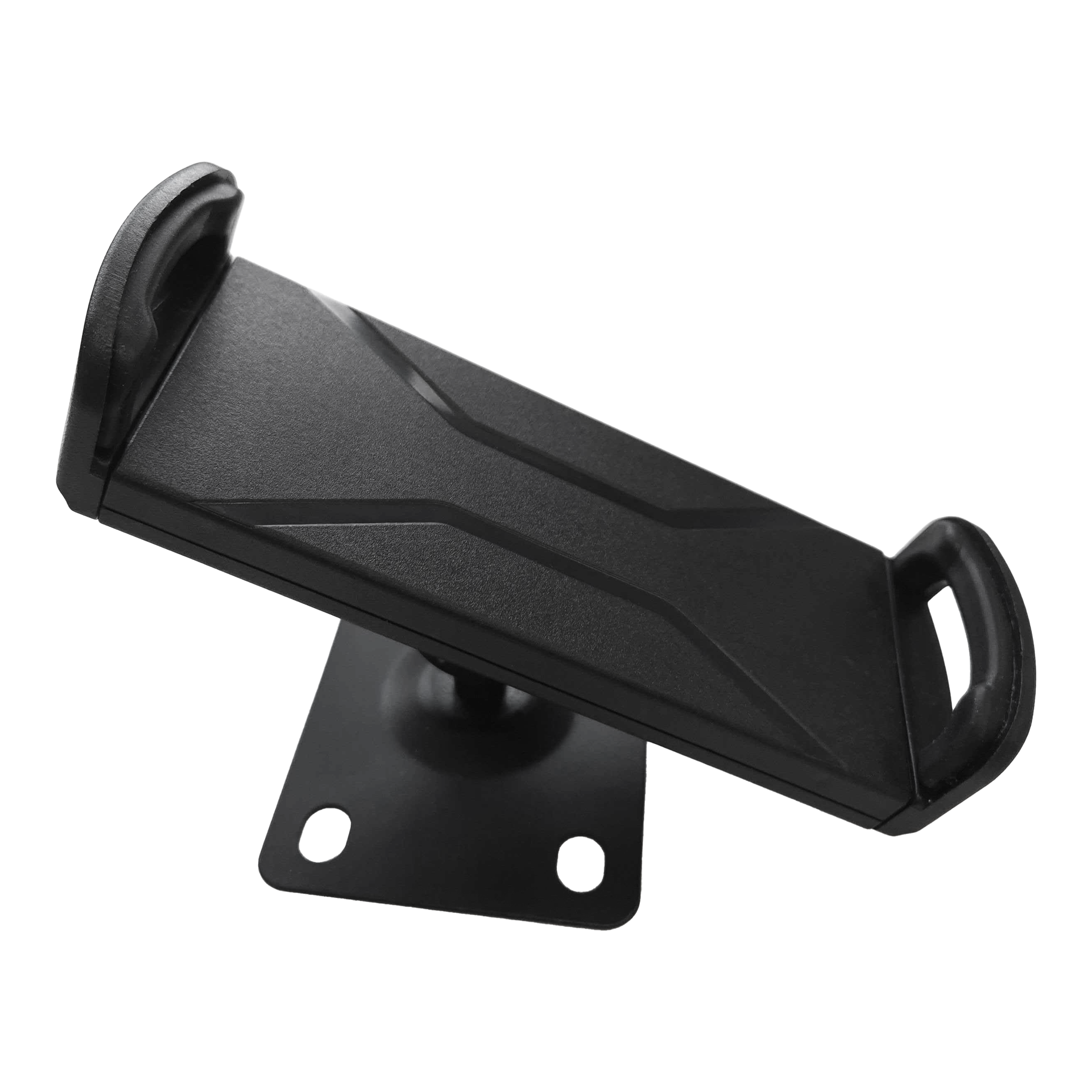 McDart TABSteady Tablet Wall Mount Das Bild zeigt die McDart TABSteady Tablet Wandhalterung. Die Halterung ist schwarz und hat zwei seitliche Haltearme für ein Tablet.