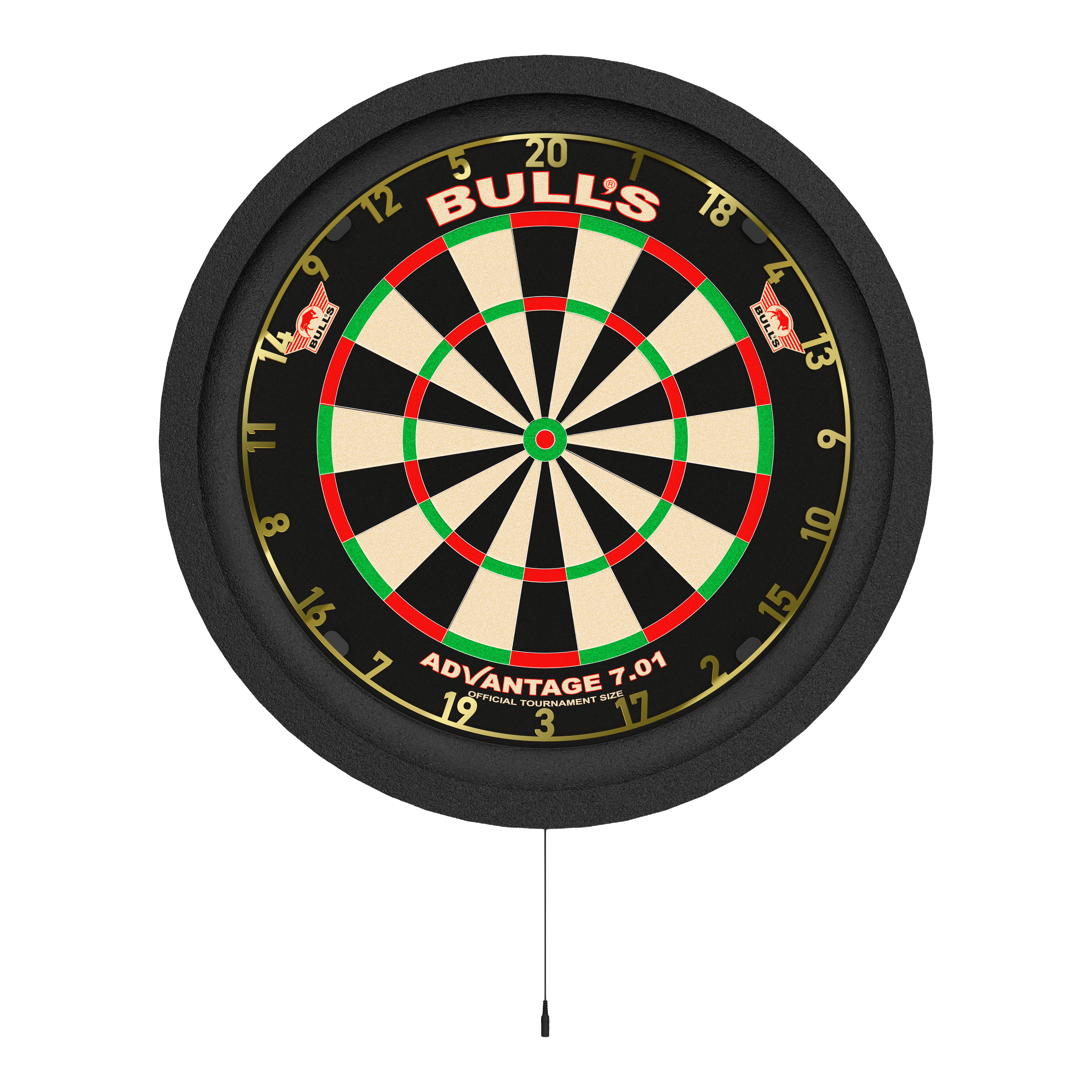 Bulls NL Lumo 2 Light Surround Lighting System Das Bild zeigt eine Dartscheibe mit einer runden, beleuchteten Umrandung. Es handelt sich um das Produkt „Bulls NL Lumo 2 Light Surround Beleuchtungssystem“.