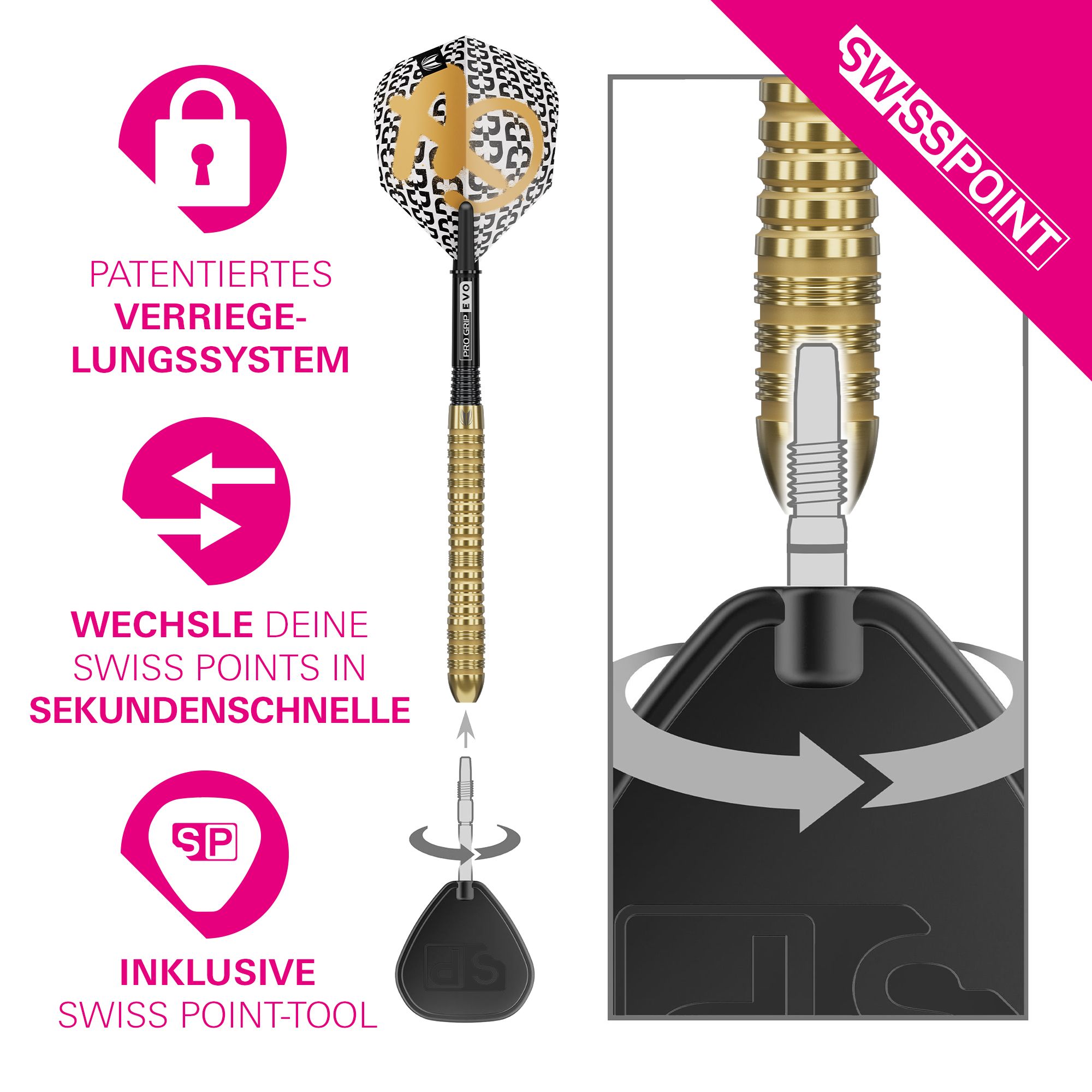 Hier ist das Produkt Target Bolide Envy 04 Swiss Point Steeldarts abgebildet. Die Steeldarts eignen sich für Turniere und Freizeitspieler.