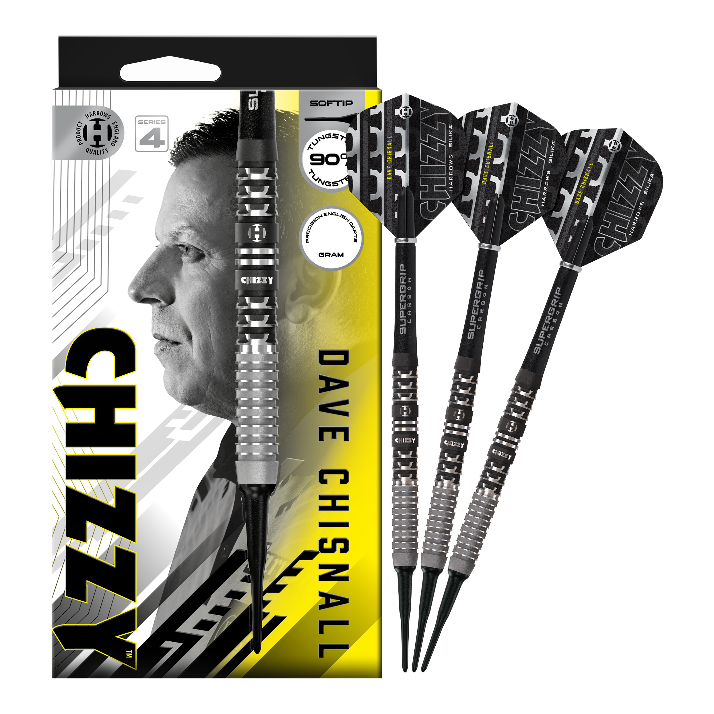 Hier sieht man die Harrows Dave Chisnall Chizzy Series 4 Softdarts. Sie sind ideal für Softdart-Spieler.