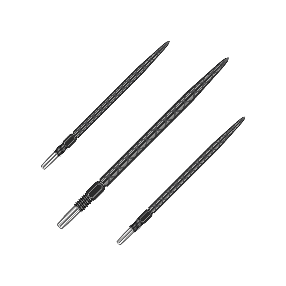 Target Swiss Diamond Pro Black Points dart tips Das Bild zeigt drei schwarze Dartspitzen mit einem rautenförmigen Muster. Sie sind lang und haben ein silbernes Schraubgewinde am Ende.