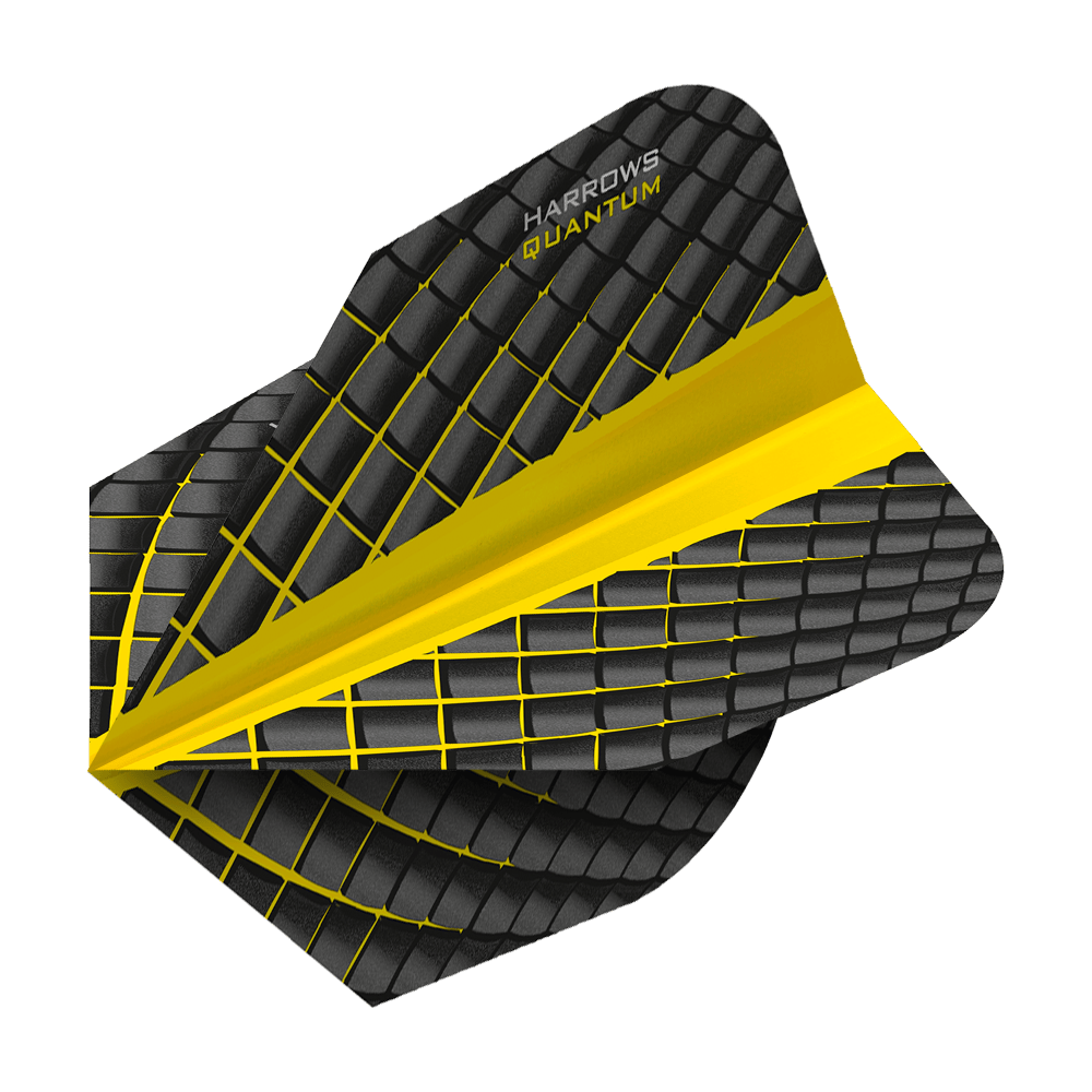 HR6809_Harrows_Quantum_Gelb_No6_Flights_2 Das Bild zeigt das Produkt "Harrows Quantum Gelb No6 Flights". Es ist ein Dartflight in Schwarz mit gelben Linien und einem auffälligen gelben Streifen.