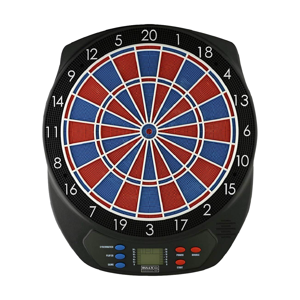 67963_Bulls_Scorpy_Elektronik_Dartboard_1 Das Bild zeigt das Bulls Scorpy Elektronik Dartboard. Es hat eine bunte Zielscheibe mit roten und blauen Feldern sowie ein digitales Bedienfeld unten.