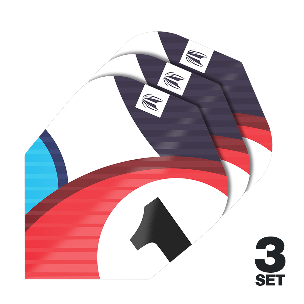 Target Pro Ultra Chicane Blue No6 Flights - 3 Sets Das Bild zeigt drei Sets von Target Pro Ultra Chicane Blue No6 Flights für Darts. Auf den Flights sind rote, blaue und schwarze Designelemente sowie die Zahl 1 zu sehen.