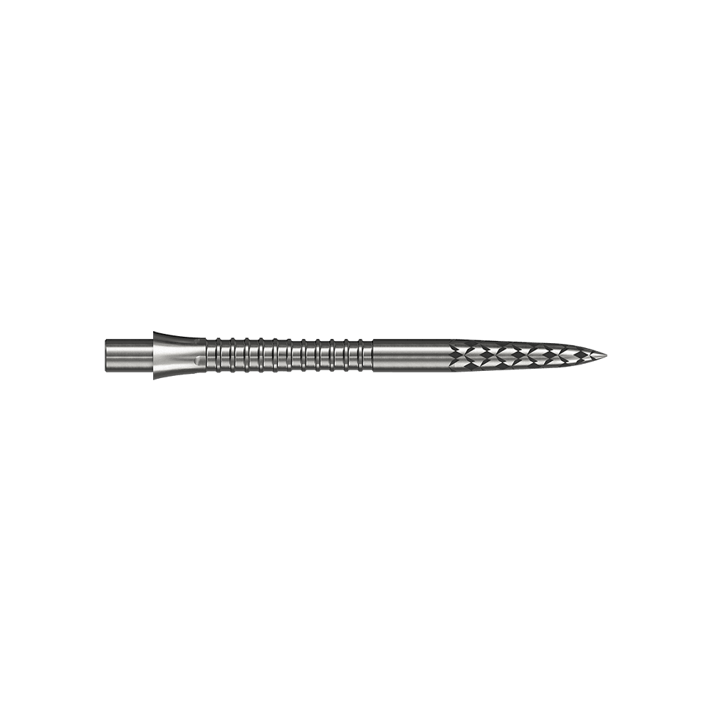 Mission Caliburn EVO dart tips GV logo - silver Eine silberfarbene Steeldartspitze mit einer Länge von 32 mm ist auf dem Bild zu sehen. Das Bild trägt den Dateinamen M002128_Missoin_Caliburn_EVO_GV-Logo_Steeldartspitzen_Silber_32mm_2.