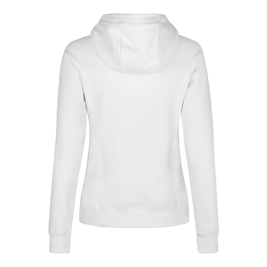 Barrels and Shafts Women's Hoodie - White Dies ist ein weißer Damen-Hoodie, der von hinten zu sehen ist. Das schlichte Design zeigt lange Ärmel und eine Kapuze.