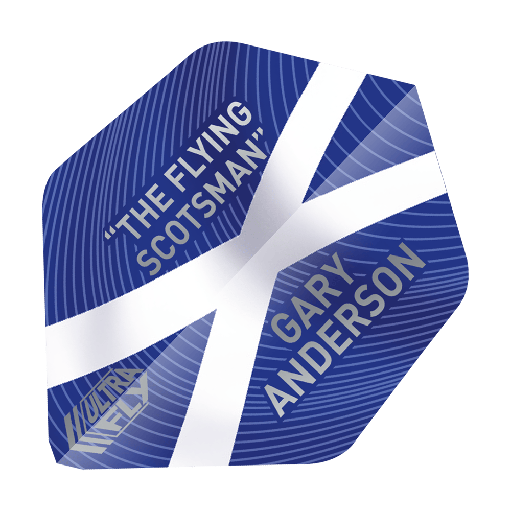 UN17_69041_Unicorn_UltraFly75_Gary_Anderson_World_Champion_AR2_Flights_1 Das Bild zeigt ein Dartflight mit einem blauen Hintergrund und einem weißen Kreuz, das an die schottische Flagge erinnert. Darauf stehen die Worte „THE FLYING SCOTSMAN“ und „GARY ANDERSON“.