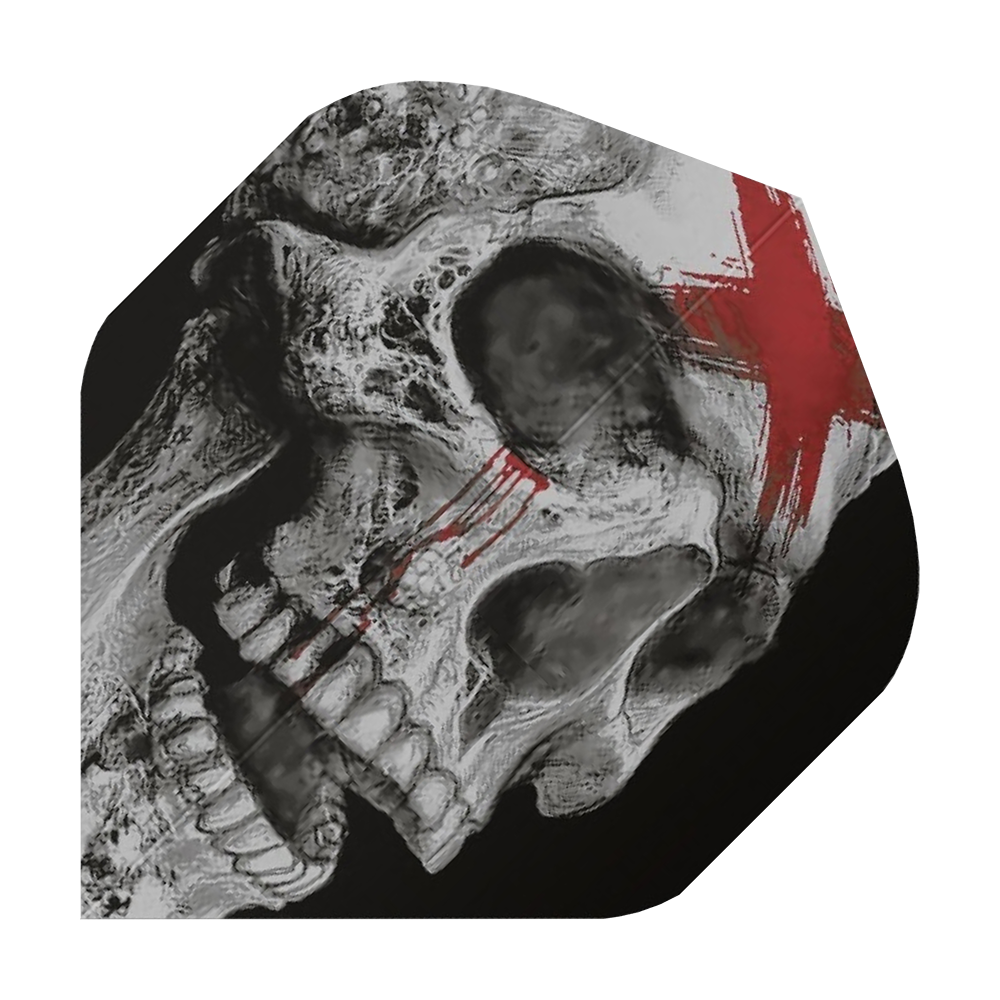 ALC20_Alchemy_Bring_Out_Your_Dead_Standard_Flights_1 Das Bild zeigt eine Dart-Flightscheibe mit einem detaillierten Totenkopf-Design. Auf dem Totenkopf ist ein rotes Kreuz mit verlaufenden Linien zu sehen.