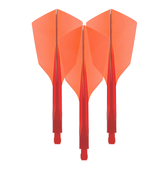 Das Bild zeigt drei rote Dartflights aus Kunststoff mit schmaler Form. Es handelt sich um das Produkt "Condor Axe 120 Flight-System Clear Red - Narrow".