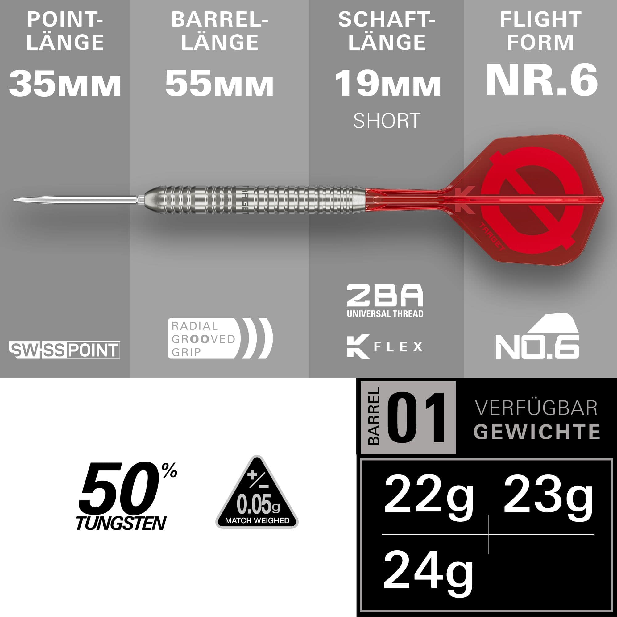 Target Group O 03 Swiss Points Steel Darts Abgebildet sind die Target Group O 03 Swiss Points Steeldarts. Die perspektivische Ansicht zeigt weitere Merkmale.