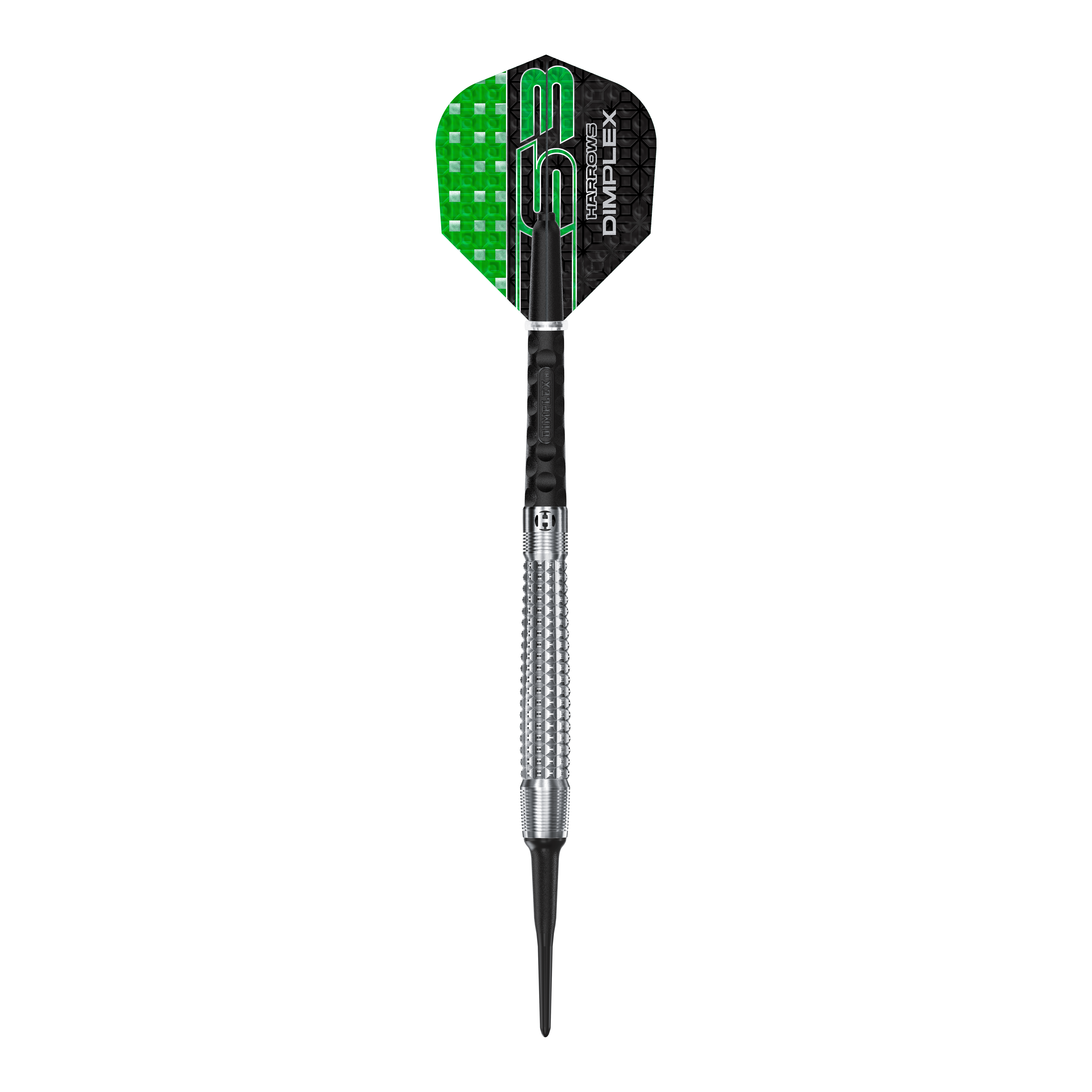 Harrows Dimplex S3 Tapered Soft Darts Ein einzelner Harrows Dimplex S3 Tapered Softdart liegt auf dem Bild. Die Details sind deutlich erkennbar.