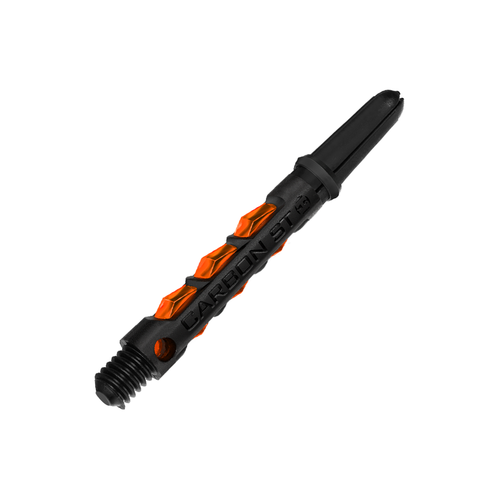 HR429_Harrows_Carbon_ST_Shafts_Orange_40mm_2 Das Bild zeigt einen Harrows Carbon ST Shaft in Orange. Der Schaft hat ein modernes Design mit schwarzen und orangefarbenen Elementen.