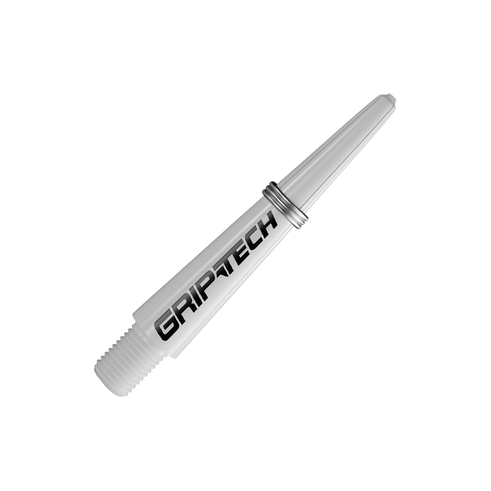 GOAT Griptech Shafts - White Das Bild zeigt einen weißen Dart-Schaft mit der Aufschrift "GRIPTECH". Der Schaft hat ein Gewinde an einem Ende und einen silbernen Ring in der Mitte.