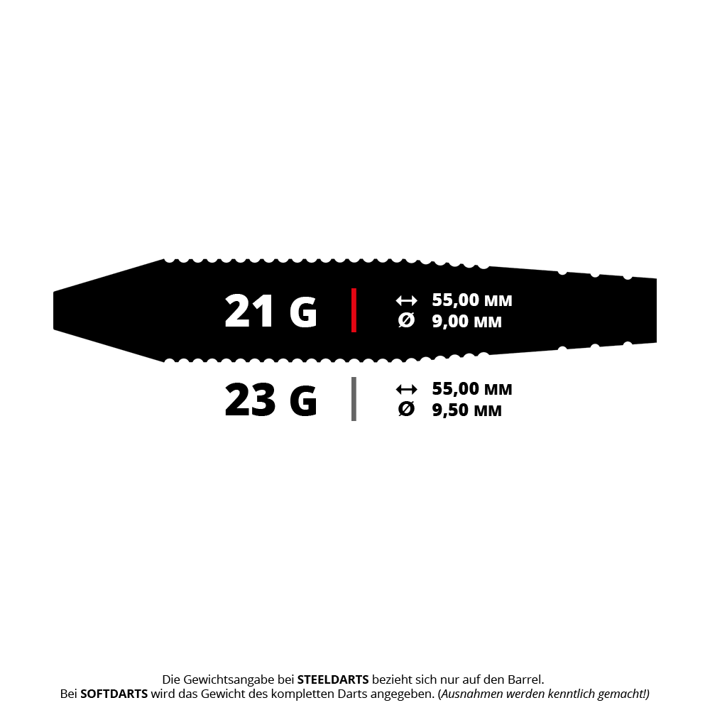 Bulls Martin Schindler The Wall Brass Steeldarts Das Bild zeigt die Maße und das Gewicht von zwei verschiedenen Steeldarts. Ein Dart wiegt 21 Gramm bei 55 mm Länge und 9 mm Durchmesser, der andere 23 Gramm bei 55 mm Länge und 9,5 mm Durchmesser.