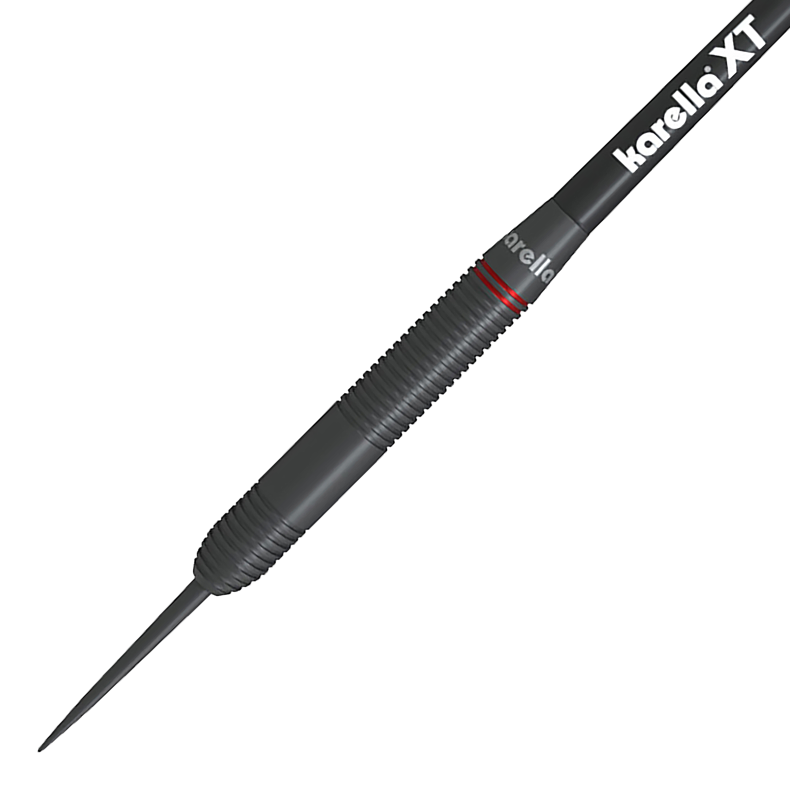 Karella Daniel Klose steel darts Das Bild zeigt einen Karella Daniel Klose Steeldartpfeil. Der Dart ist schwarz mit einem geriffelten Griffbereich und einem roten Ring.