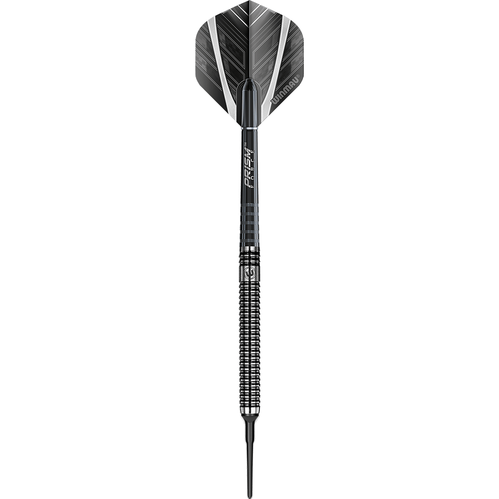 2061-20-Winmau-Blackout-Tungsten-Softdarts-1LmFwgWpL36vzg Das Bild zeigt einen Winmau Blackout Tungsten Softdart. Der Dart hat ein elegantes schwarzes Design mit gerilltem Griff und silber-schwarzer Flight.